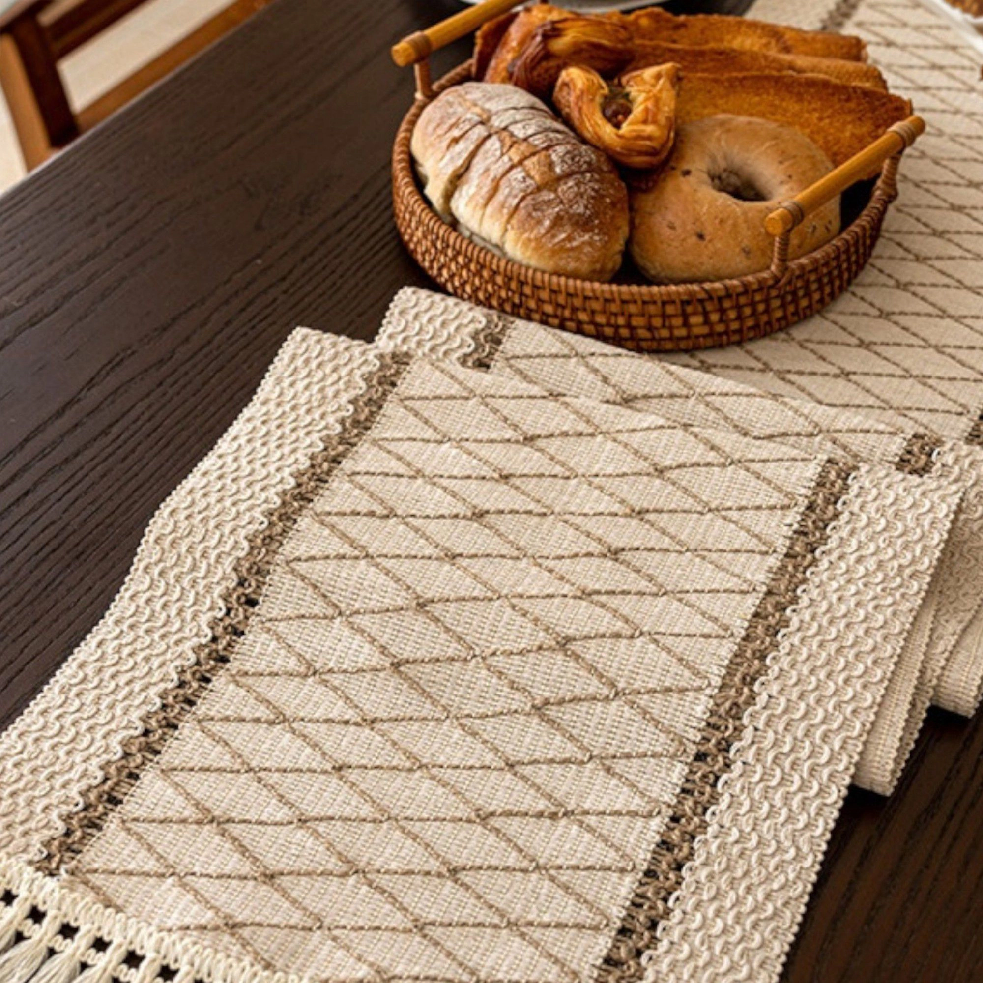 Alilang Women Textured Woven Table Runner with Fringe Trim and Neutral Stripe Pattern 47x11.8