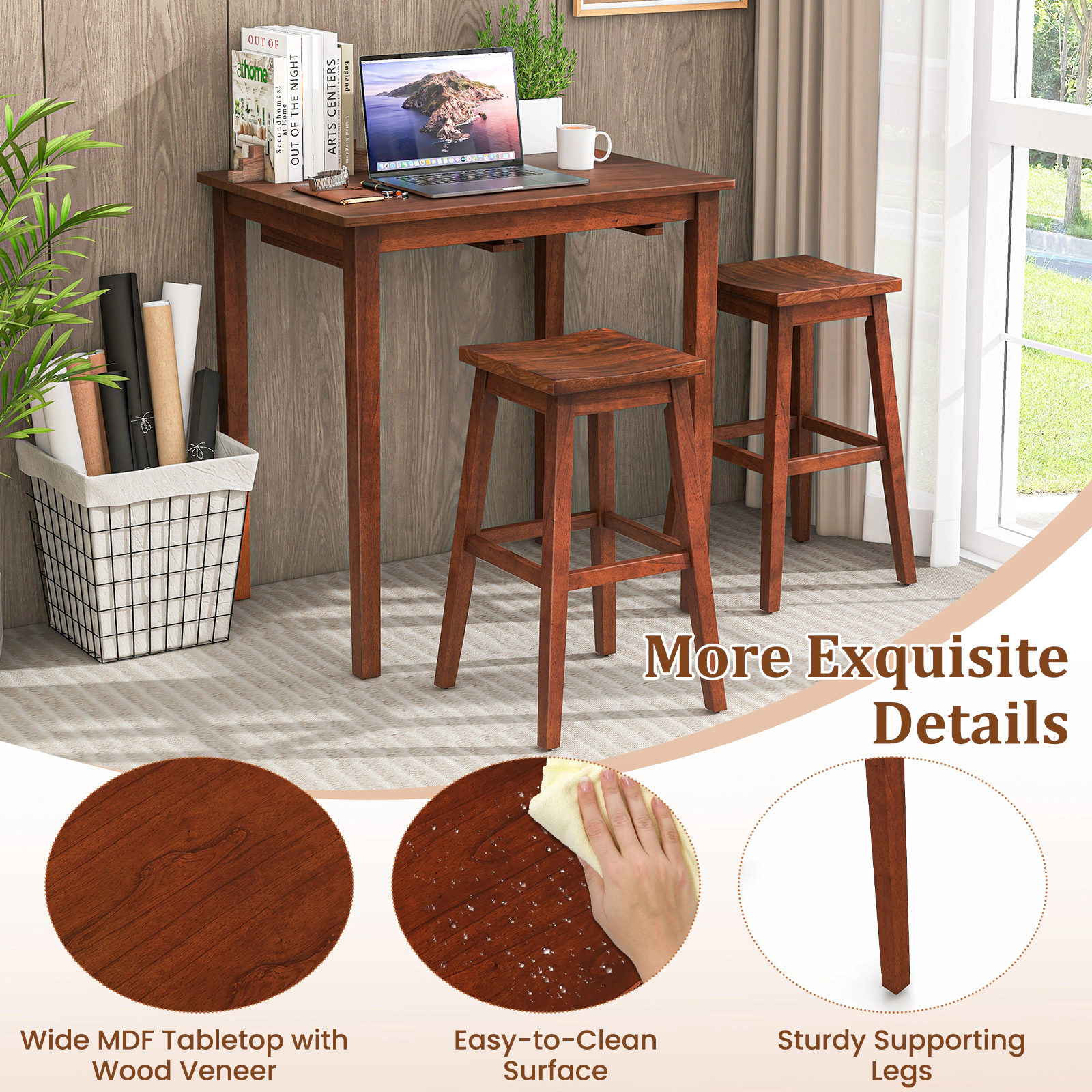 SUGIFT 3-Piece Counter-Height Bar Table Set with Pub Table & 2 Saddle Stools 176-lb Table Capacity 287-lb Stool Capacity