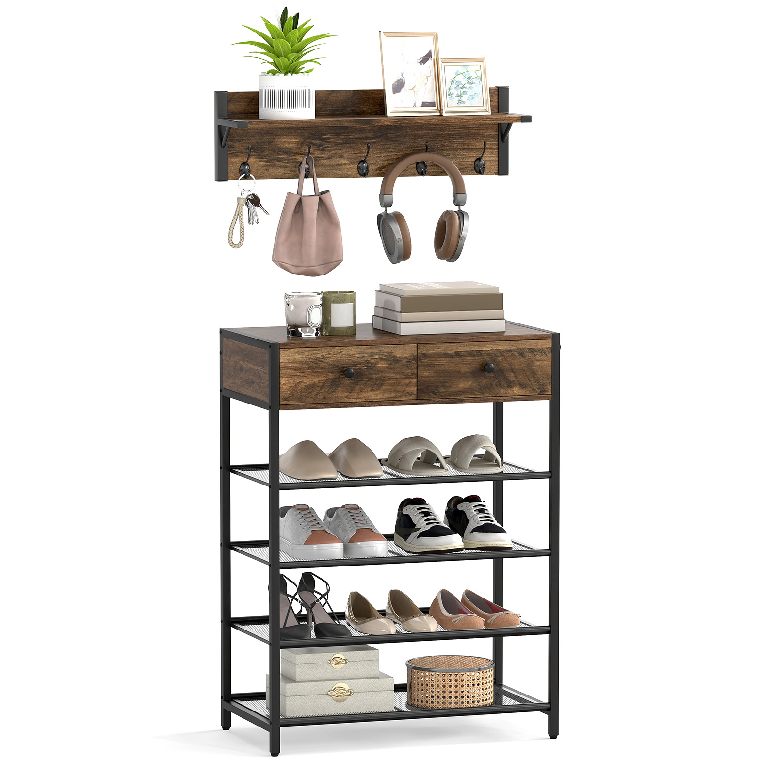 SUGIFT Brown Wall Mounted Coat Hanger 5-Tier Coat Rack and Shoe Stand Set Shoe Rack