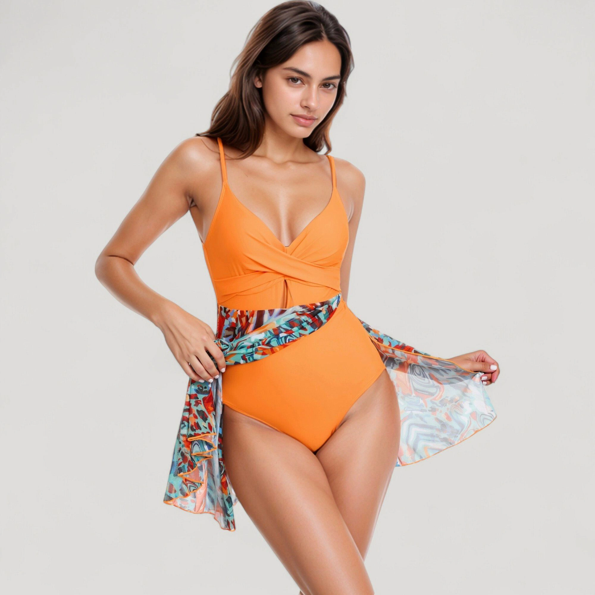 Anna-Kaci Women One-Piece Swim Dress - Twist Front Bodice, Sheer Mesh Skirt Overlay