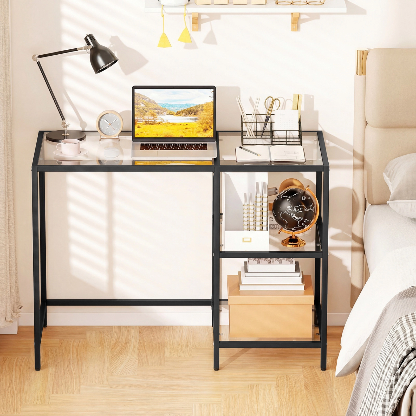 SUGIFT 42-Inch Modern Tempered Glass Console Table with Gold Metal Frame and Detachable Lower Shelf