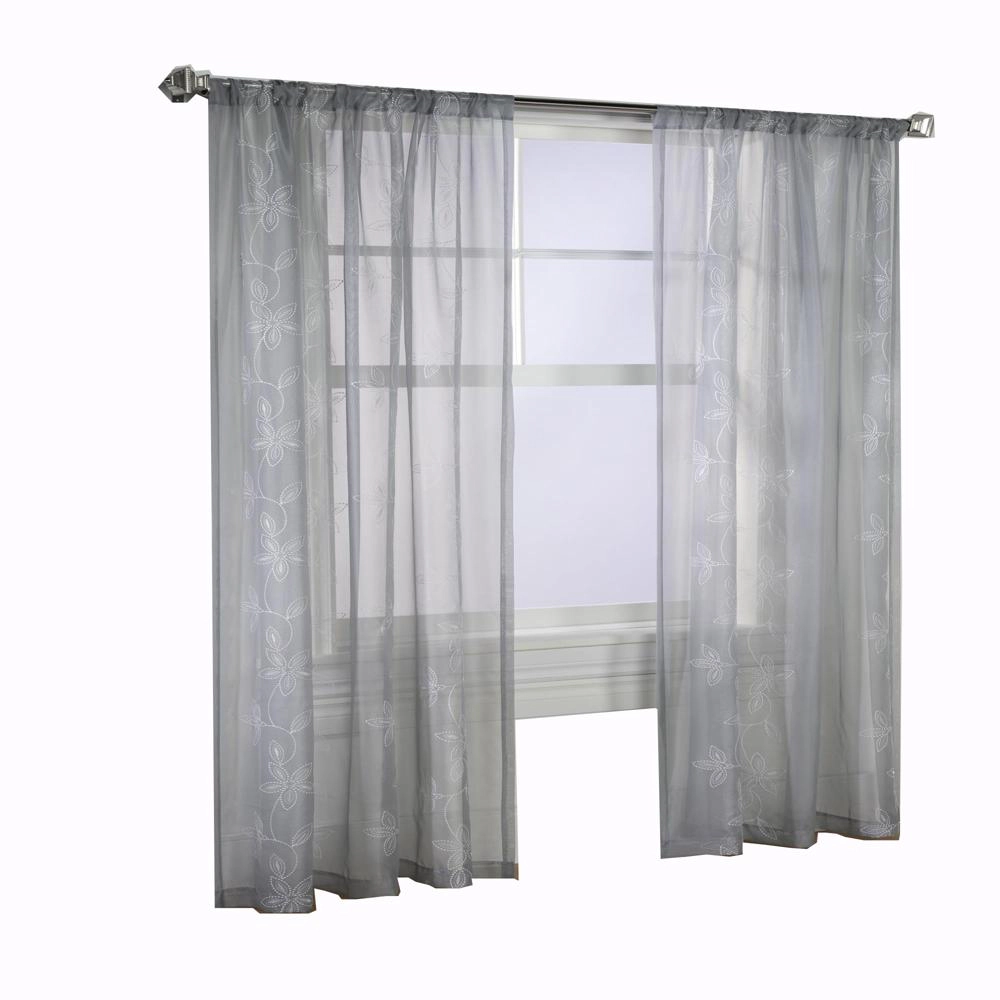Commonwealth Habitat Elizabeth Rod Pocket Pindot Floral Embroidered Voile Panel - Grey