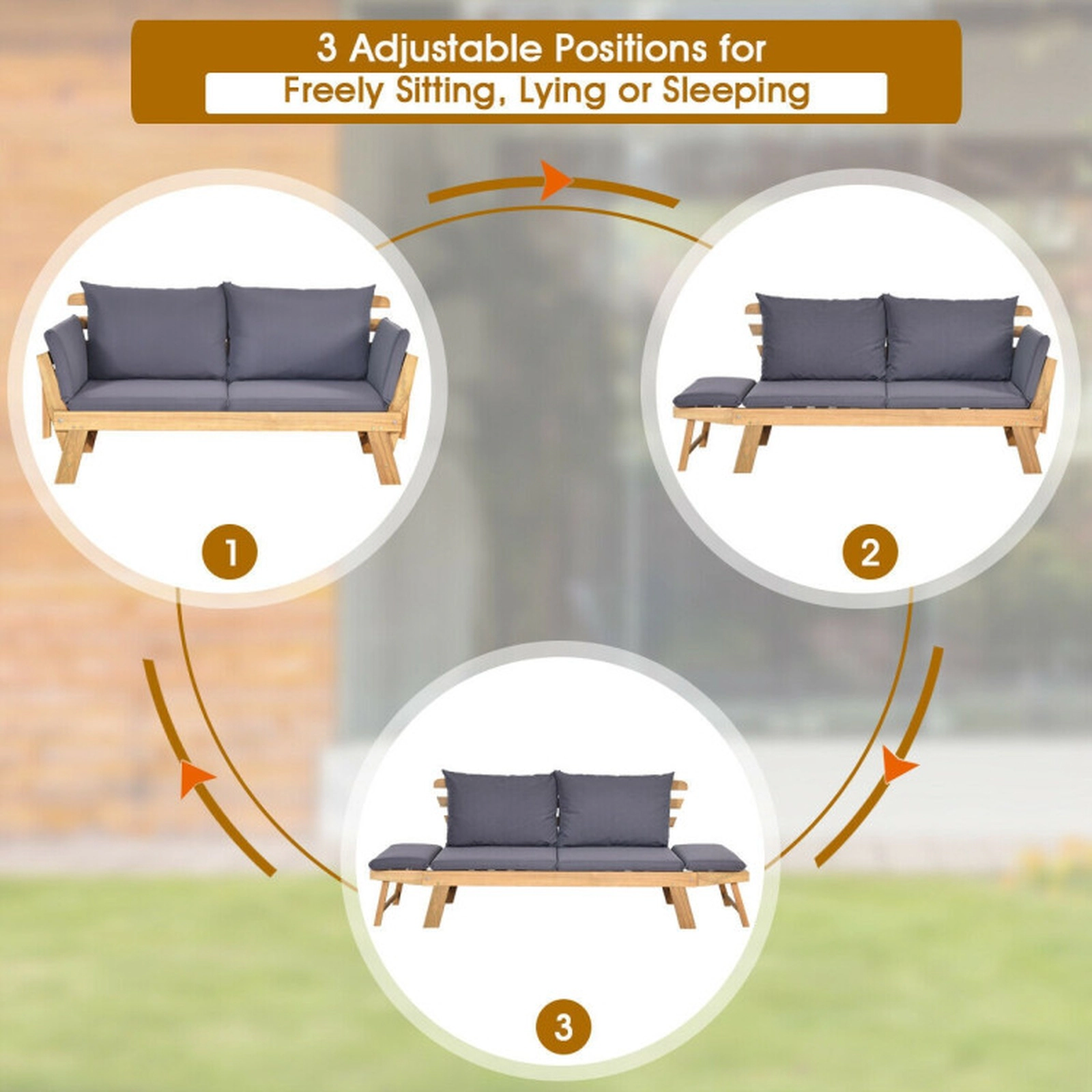 SUGIFT Natural Cushions 700-lb Patio Convertible Acacia Wood Sofa Daybed