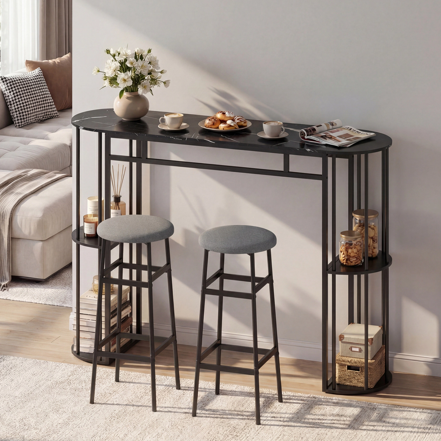 LJG 60 Inch Dining Table and 2 Upholstered Barstools with Faux Marble Tabletop
