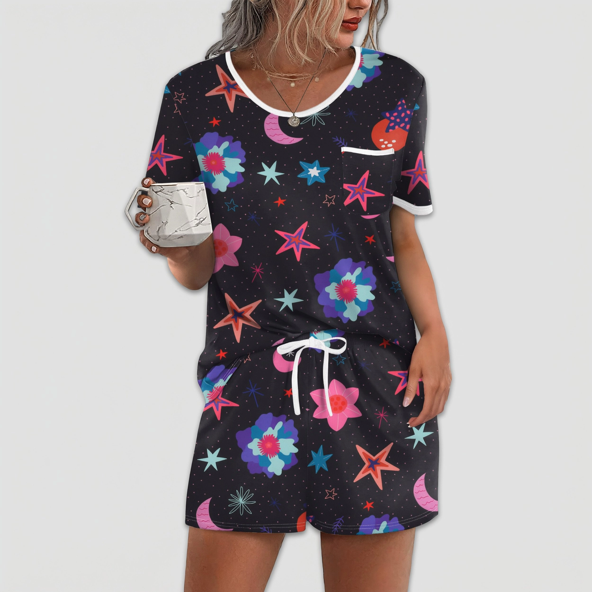 Ekouaer Women's Crew Neck Short Sleeve Star Print Pajama Set