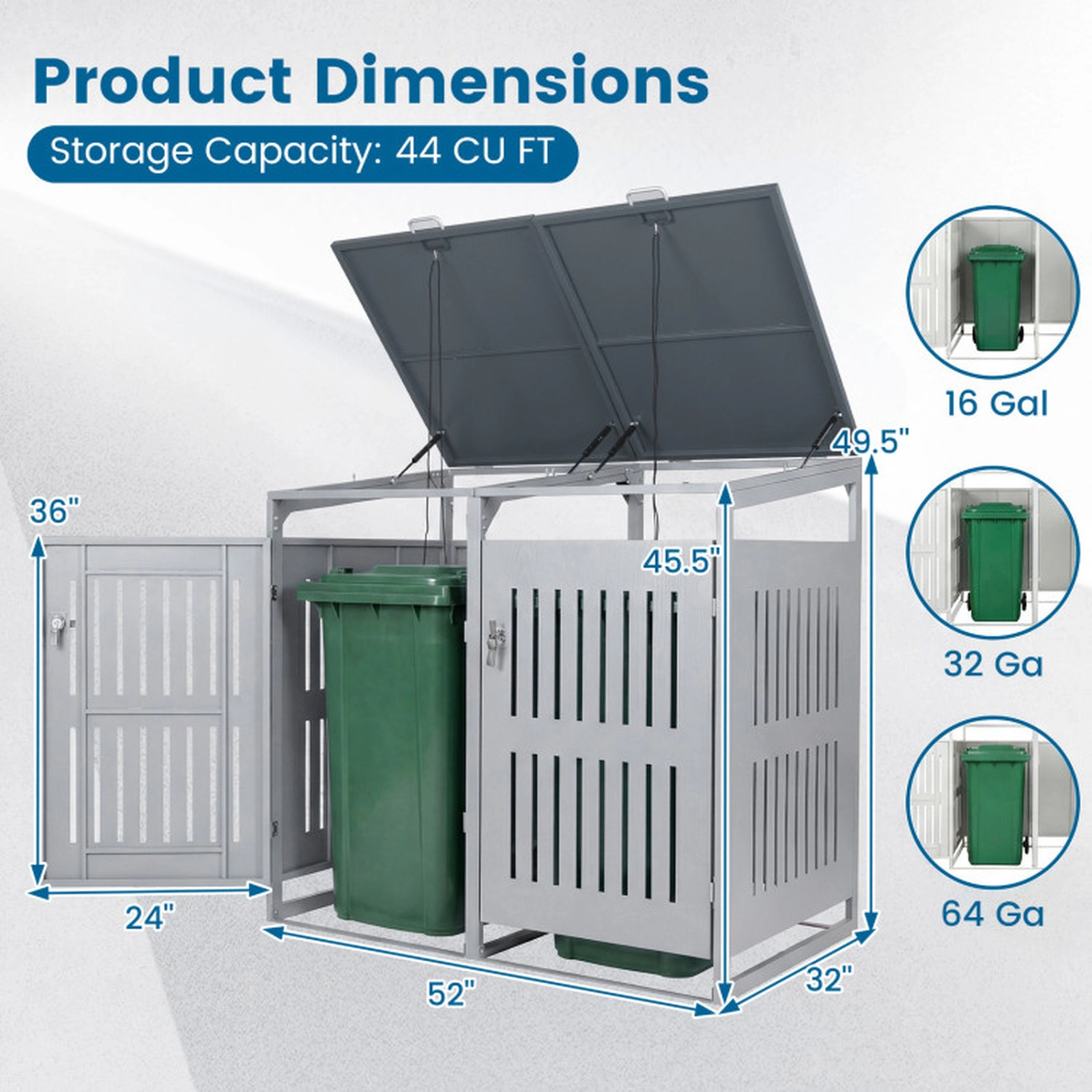SUGIFT 2-Bin Gas Struts Lockable Metal Outdoor Trash Can Storage Shed 52-in x 32-in x 49.5-in 44-Cu-Ft Silver