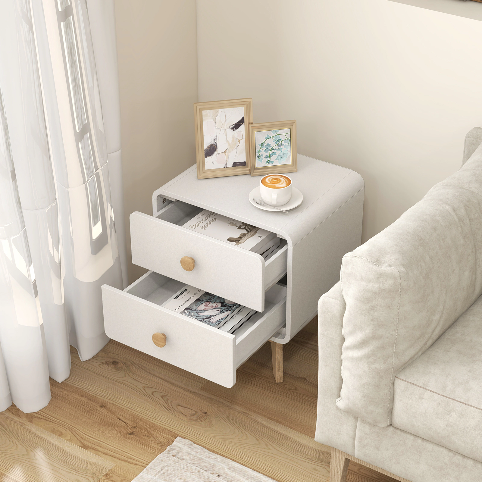 SUGIFT 2-Drawer Nightstand with Solid Rubber Wood Legs 110-lb Tabletop Capacity Brown/White