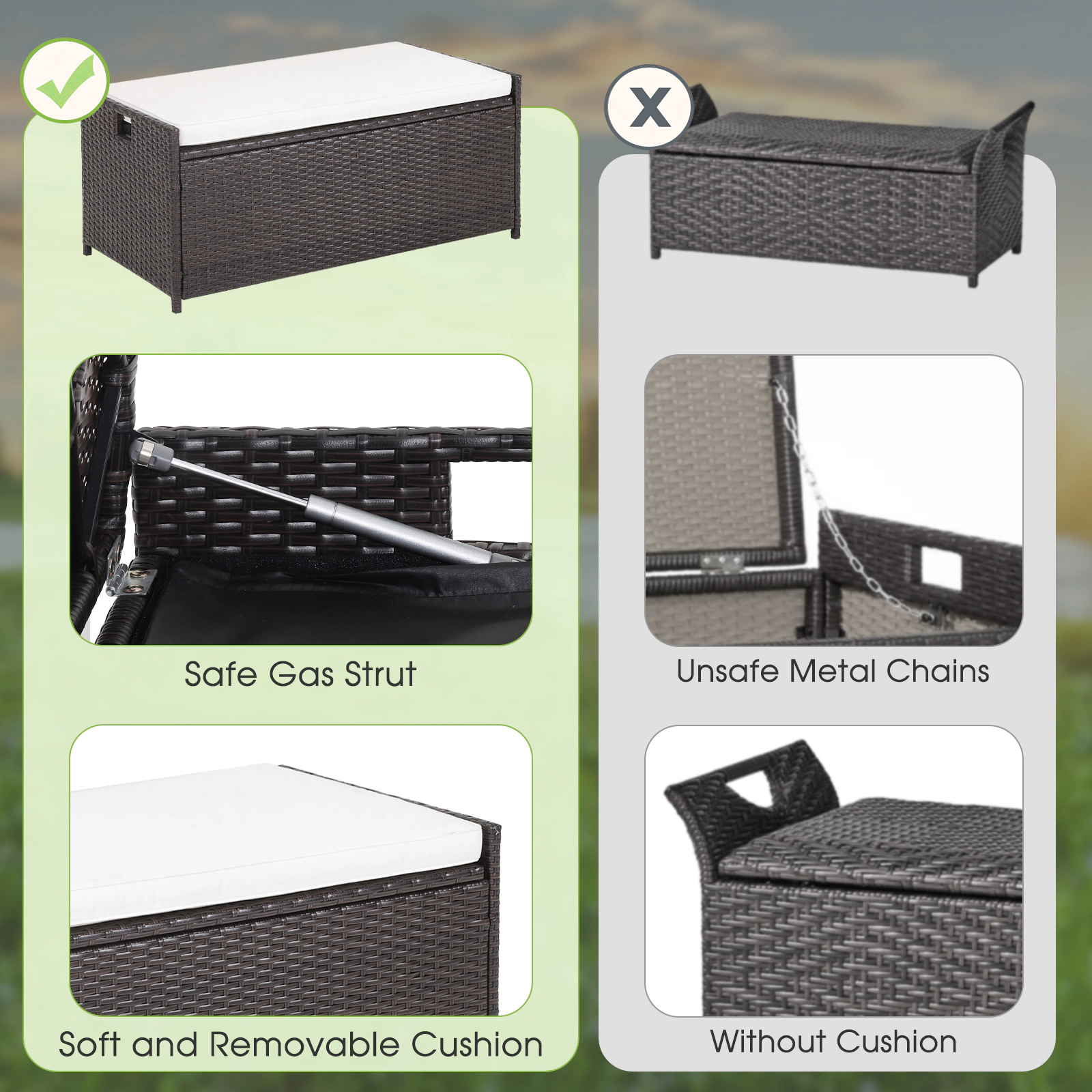 SUGIFT 34-Gallon 795-lb Capacity Wicker Outdoor Storage Bench with Seat Cushion and Zippered Liner