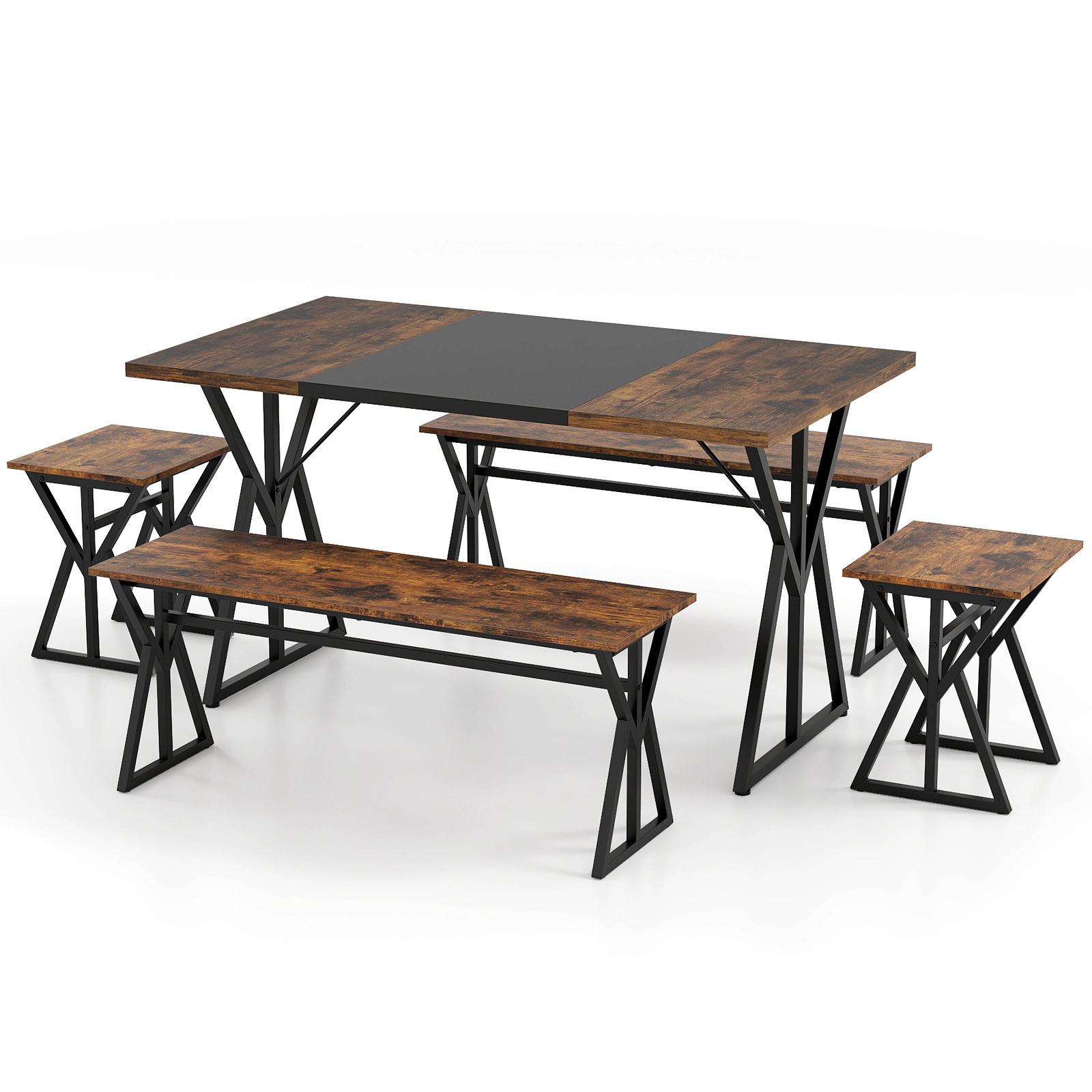 LJG 5-Piece Dining Room Set Industrial Rectangular Kitchen Table with 2 Benches and 2 Stools