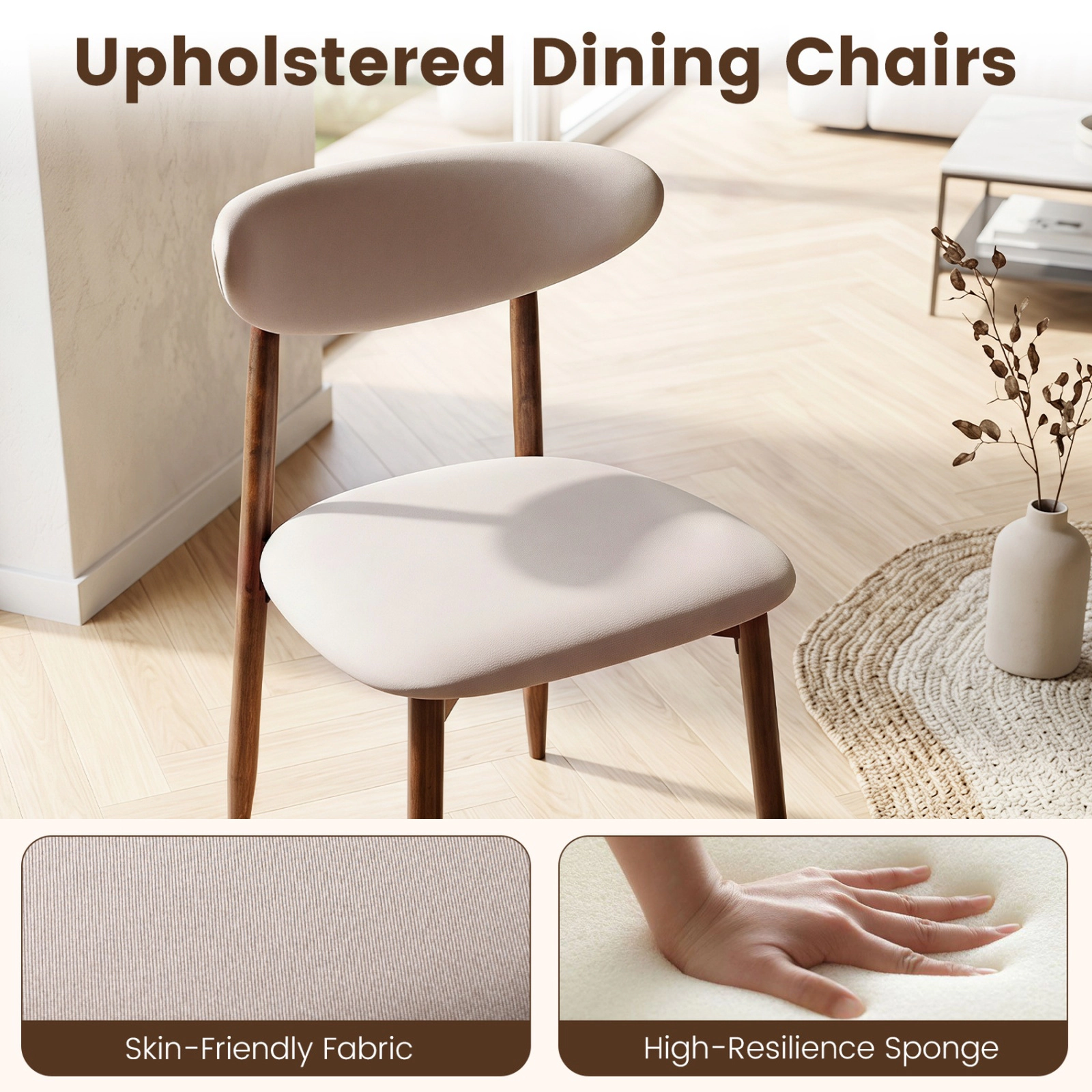 SUGIFT Set of 2 Beige Upholstered Dining Chairs with Curved Back and Wood Legs 21.5-in W 32-in H 330-lb Per Chair