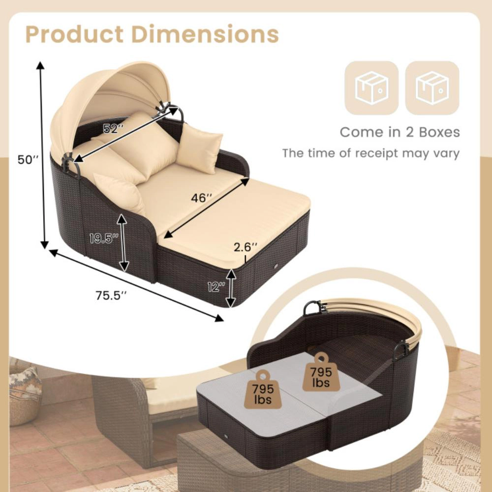 Hivvago Patio Pe Rattan Daybed With Retractable Canopy And Soft Cushions