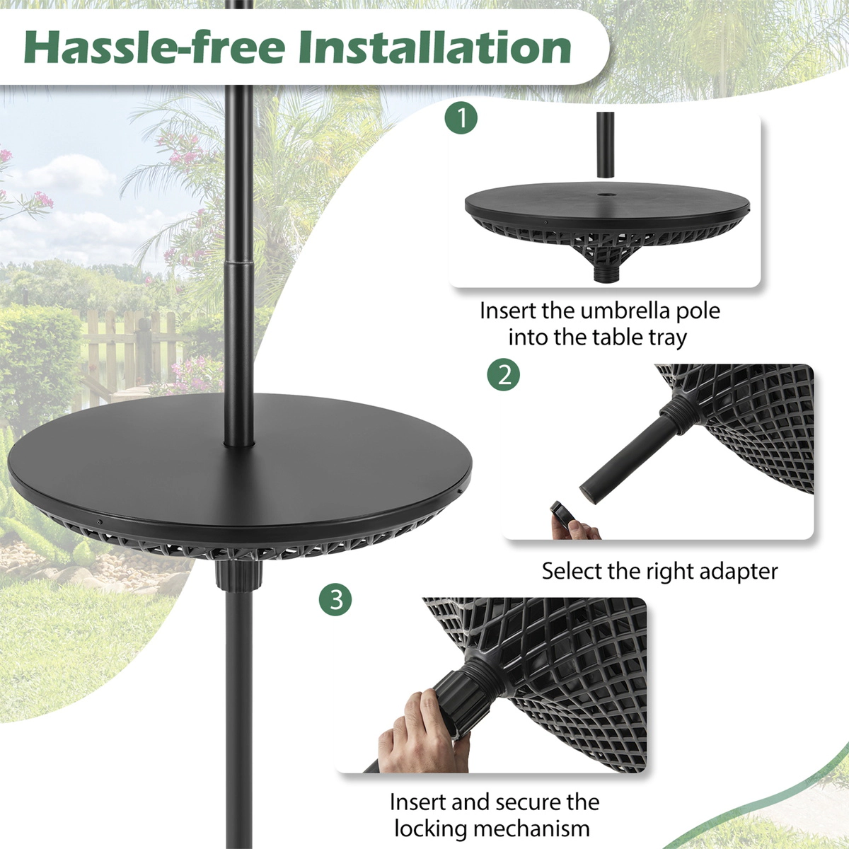 SUGIFT Black 3 Pole Adapters ABS 23-in Patio Umbrella Table Tray