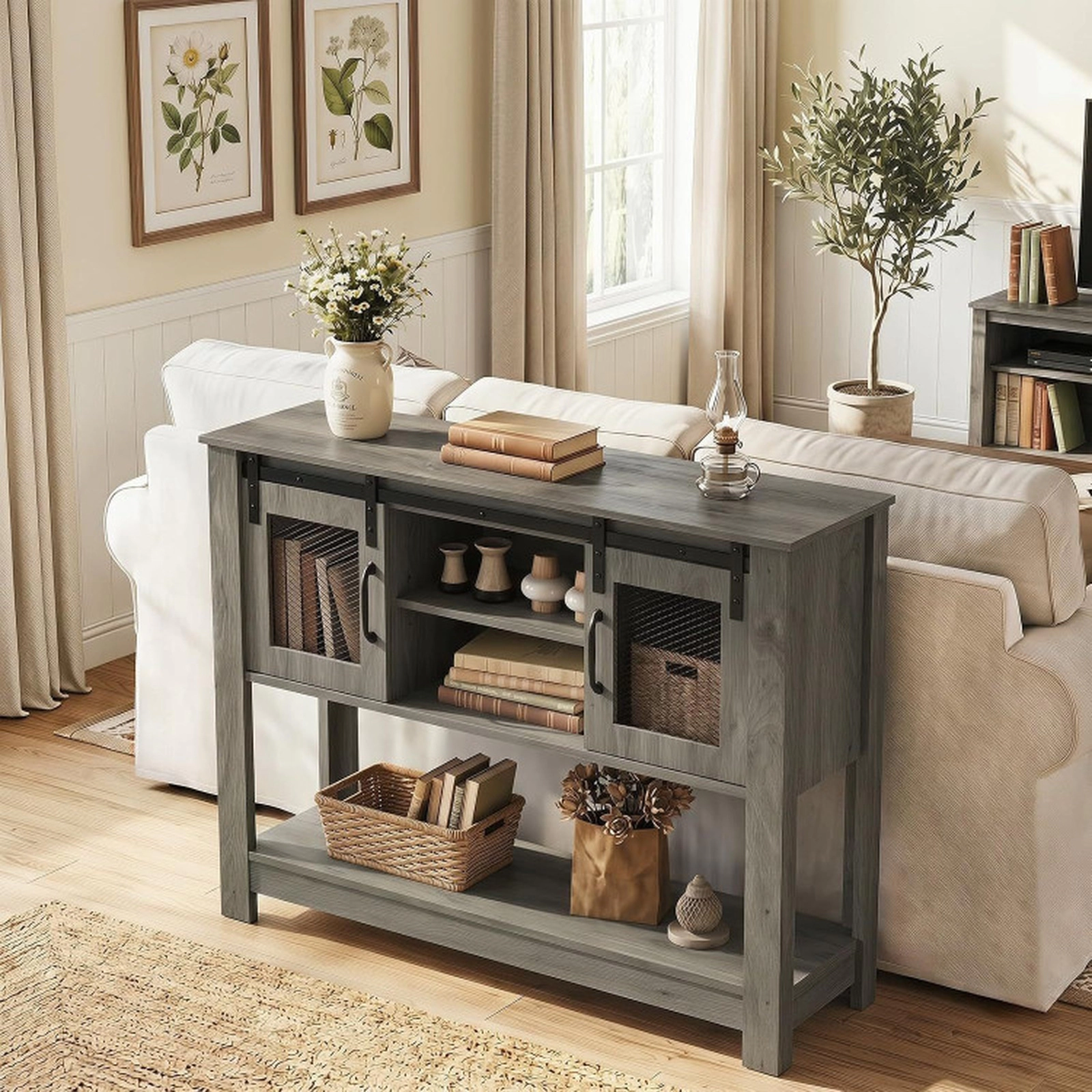 SUGIFT 40-in 150-lb Capacity Gray Console Table with 2 Sliding Barn Doors Mesh Accents and Adjustable Shelf