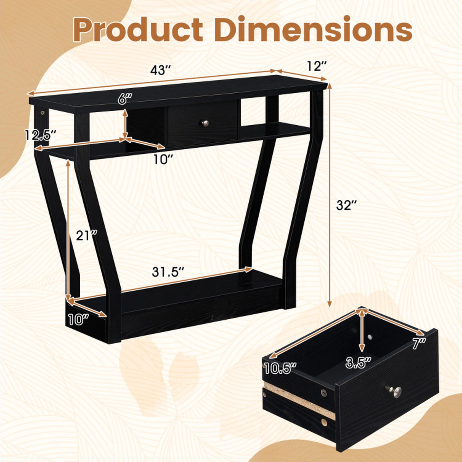 SUGIFT 3-Tier Curved Legs Storage Drawer Open Shelf Hall Console Table 43-in x 12-in x 32-in 66-lb Capacity Black