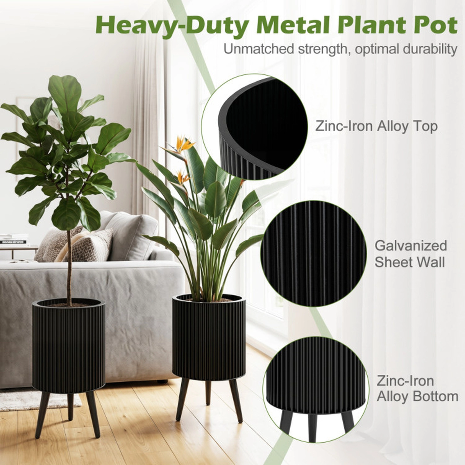 SUGIFT Modern Fluted Metal Planter Flower Pots with Stand 110-lb Capacity Set of 2 Black 20 x 23 in and 18 x 23 in