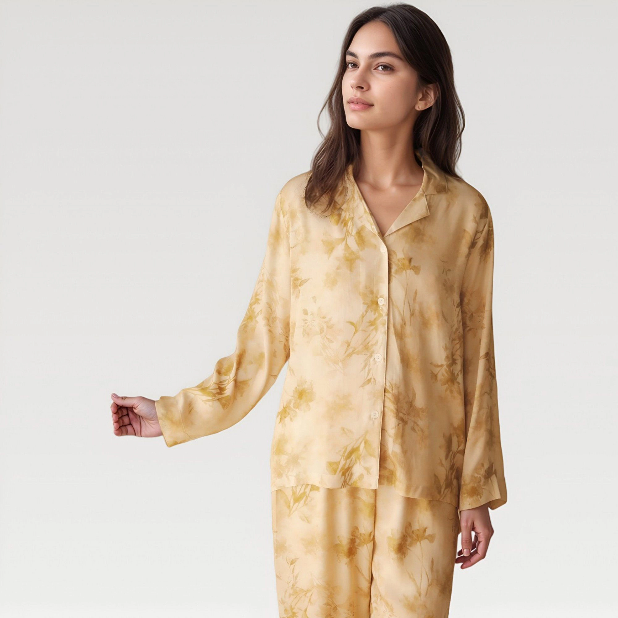 Anna-Kaci Women's Satin Pajama Set with Golden Botanical Print Long Sleeve Button Up Top and Relaxed Fit Pants