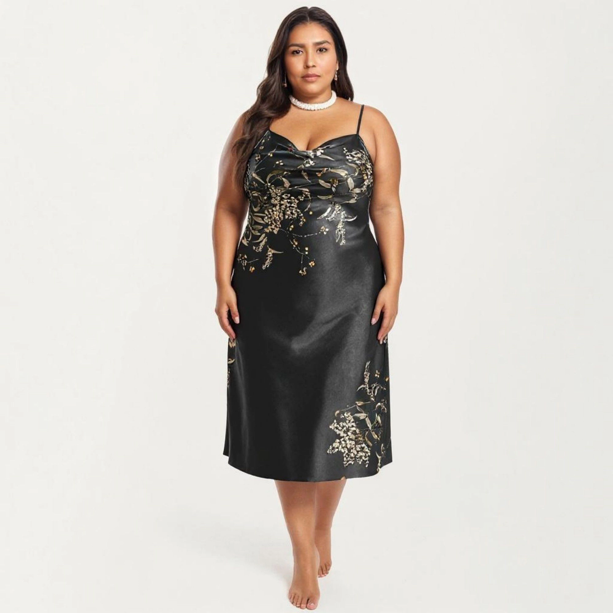 Anna-Kaci Women's Plus Satin Floral Slip Nightgown Adjustable Spaghetti Straps Cowl Neck Midi Length Dress