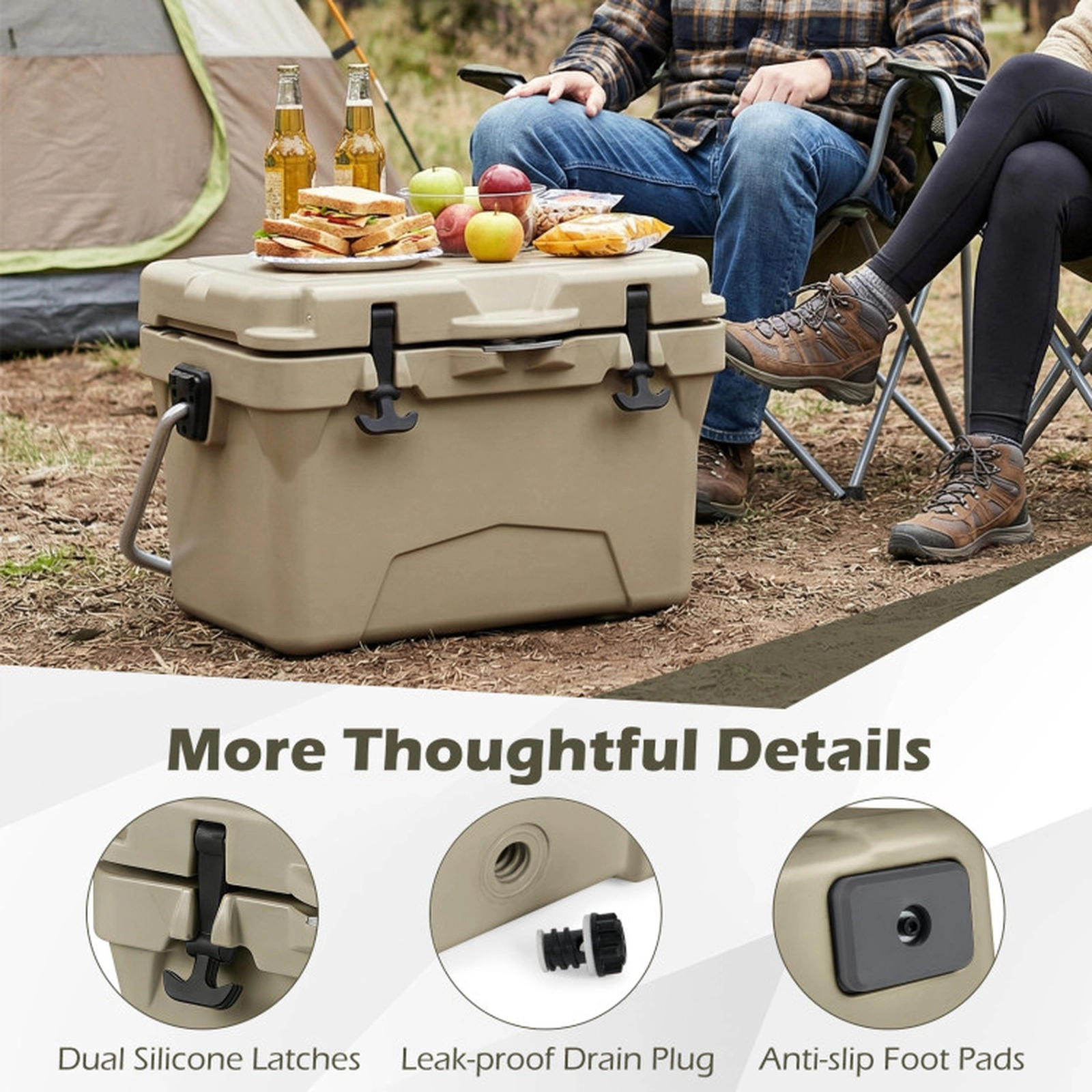 SUGIFT 20-qt Khaki Portable Hard Cooler Ice Chest with 6-Day Ice Retention Built-In Ruler and Bottle Opener