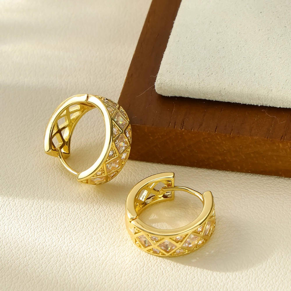 Hollow Lattice Cubic Zirconia Huggie Hoop Earring Gold Plated Rhombus CZ Hoop Earring