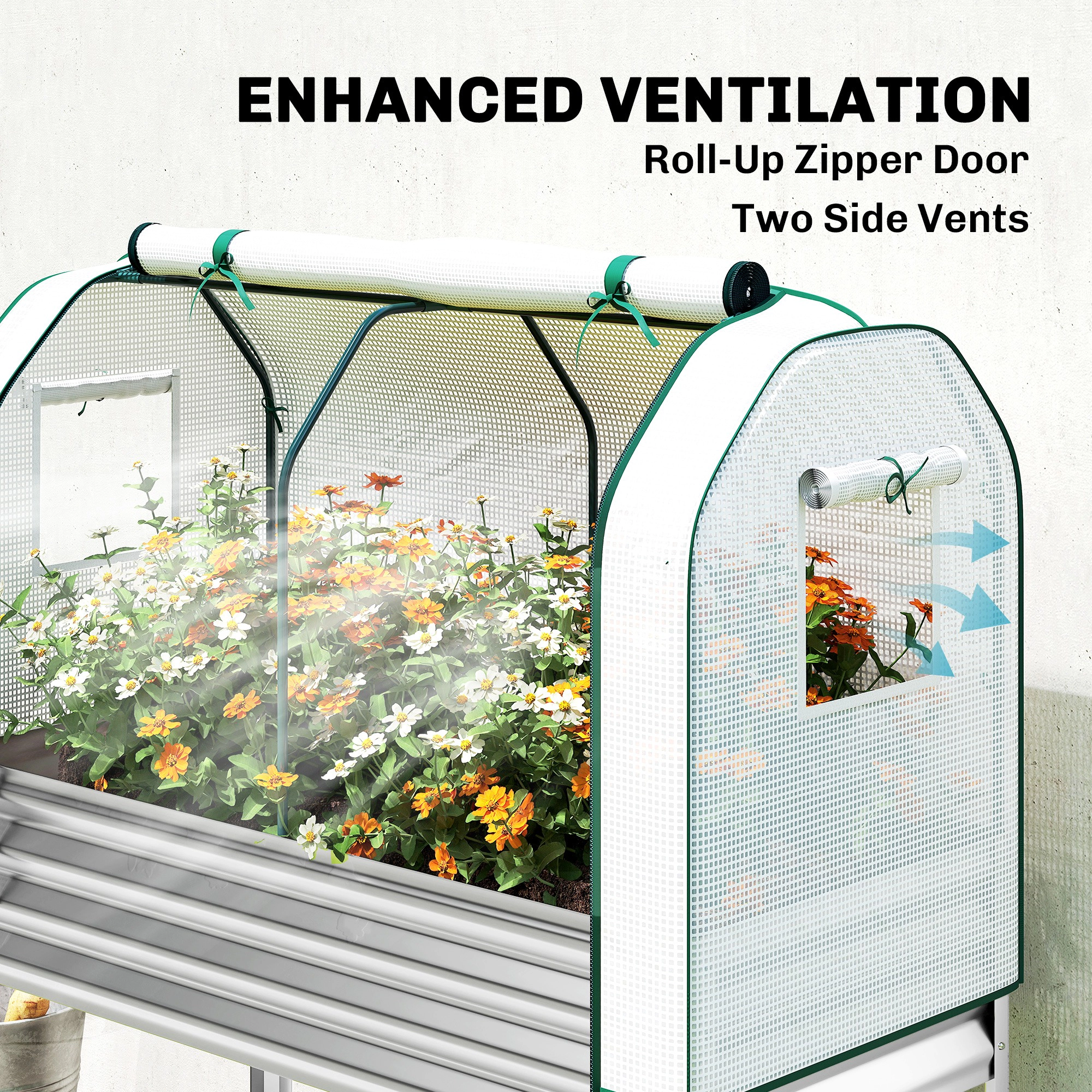 HONGGE Galvanised Raised Garden Bed with Greenhouse Cover, Metal Elevated Garden Bed with Bed Liner, Bottom Shelf