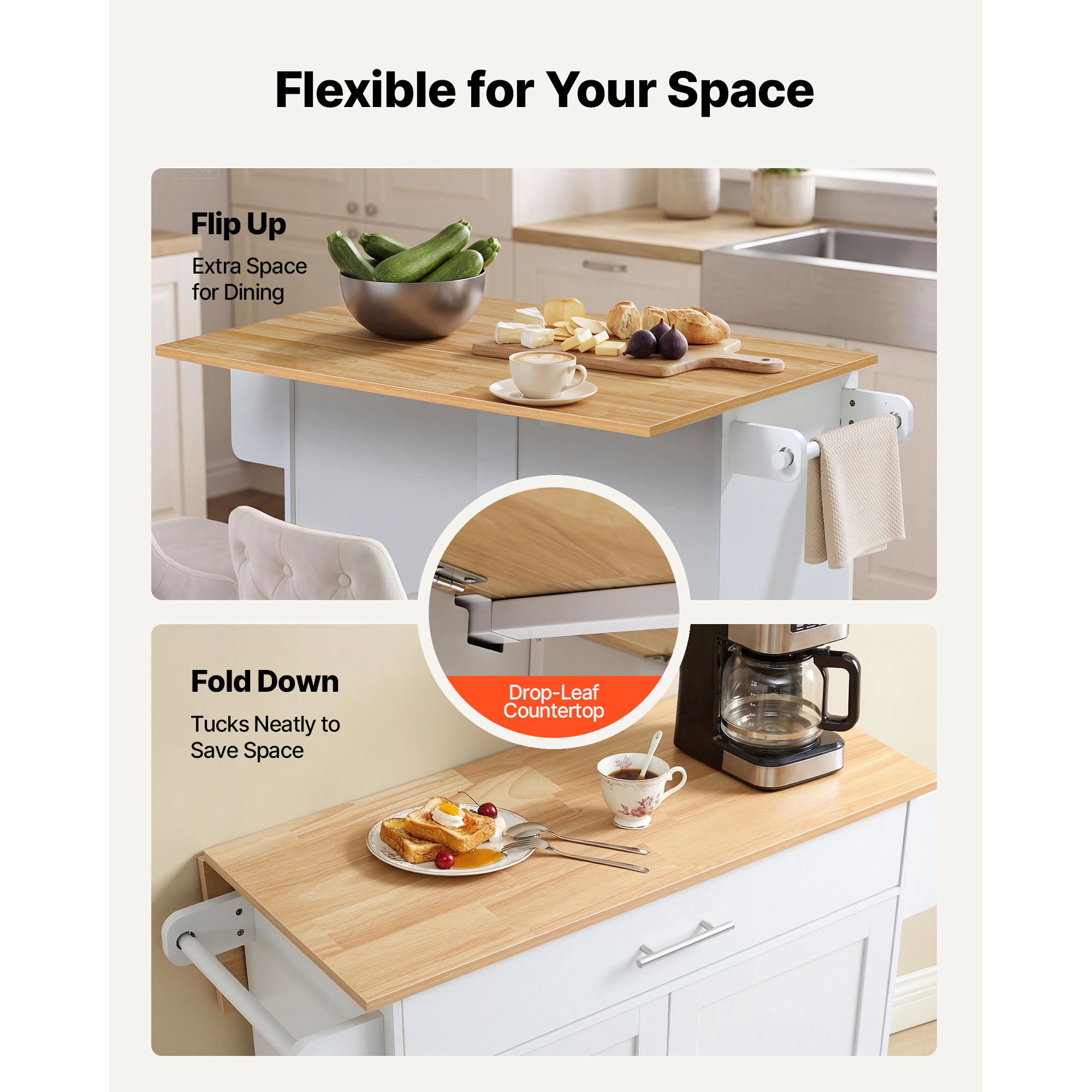 HONGGE Kitchen Island Cart with Storage 42.28 Wide Mobile Rolling on Swivel Wheels Drawer