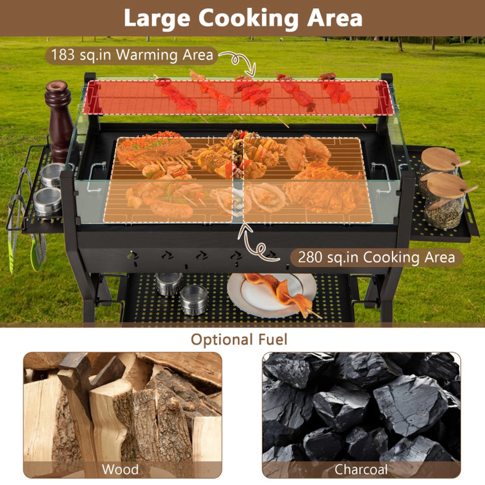 SUGIFT 3-in-1 Black Charcoal Grill with Glass Wind Guard and Seasoning Racks 38.5-in W 16.5-in D 27-in H