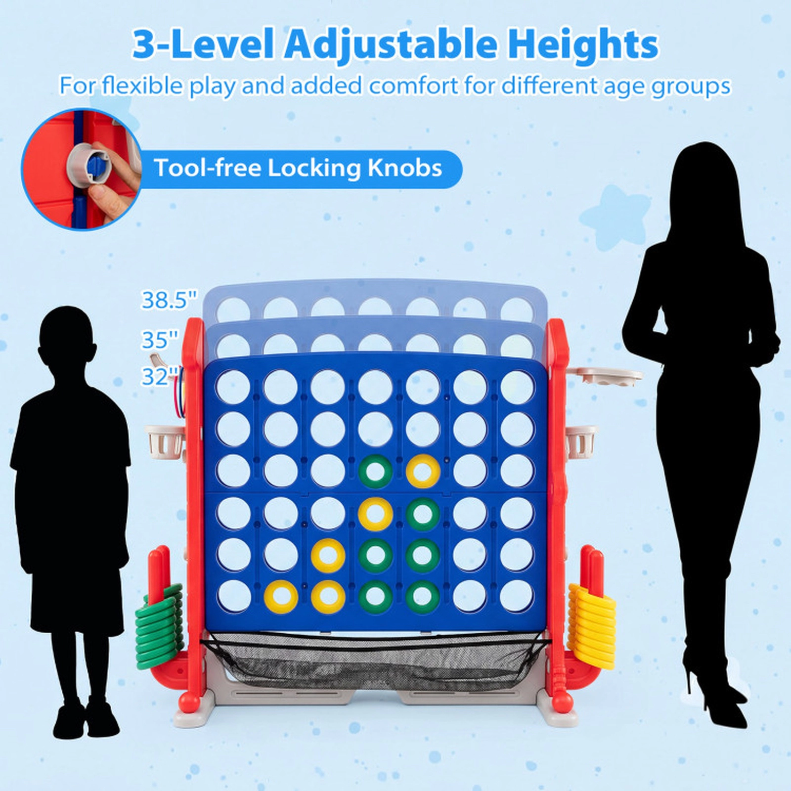 SUGIFT 4-in-1 Height Adjustable 4-in-a-Row Game with Mesh Storage Net Cup Holders and Carrying Bag