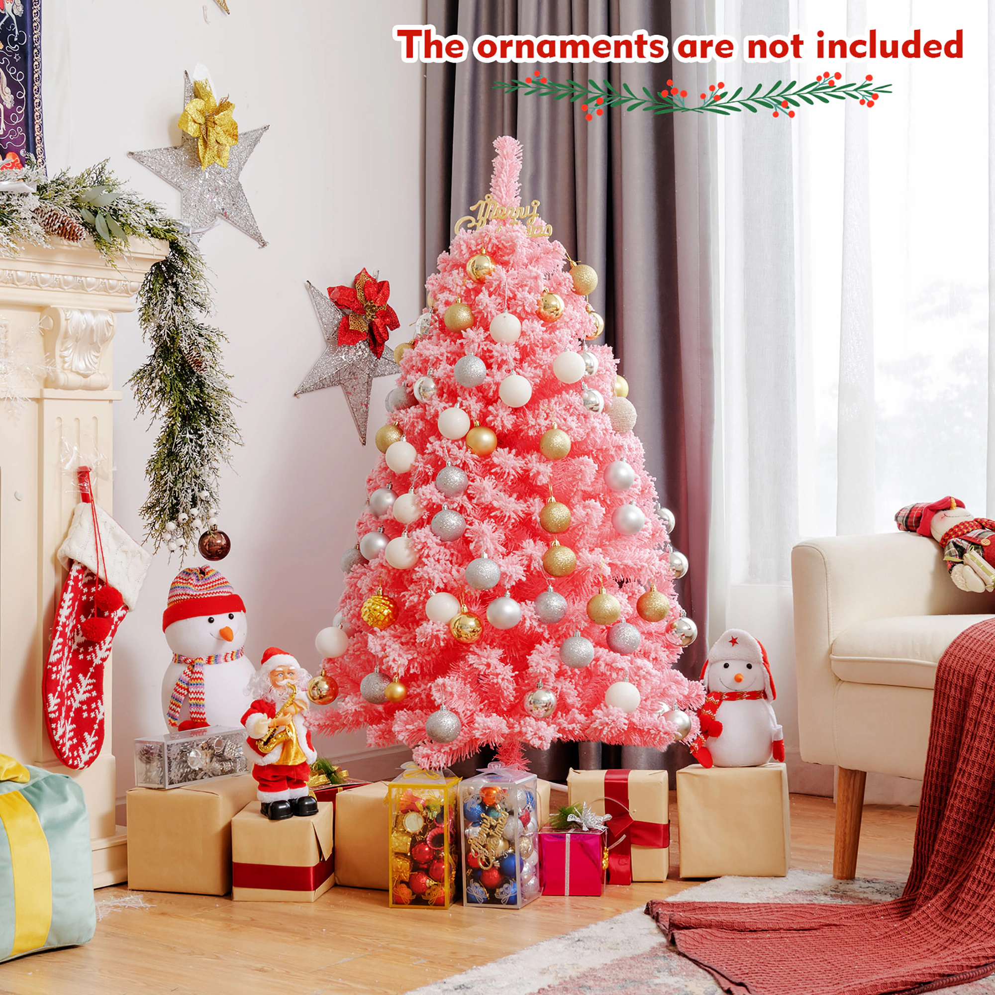 Costway 4.5/6.5/7.5ft Snow Flocked Hinged Artificial Christmas Tree w/ Metal Stand