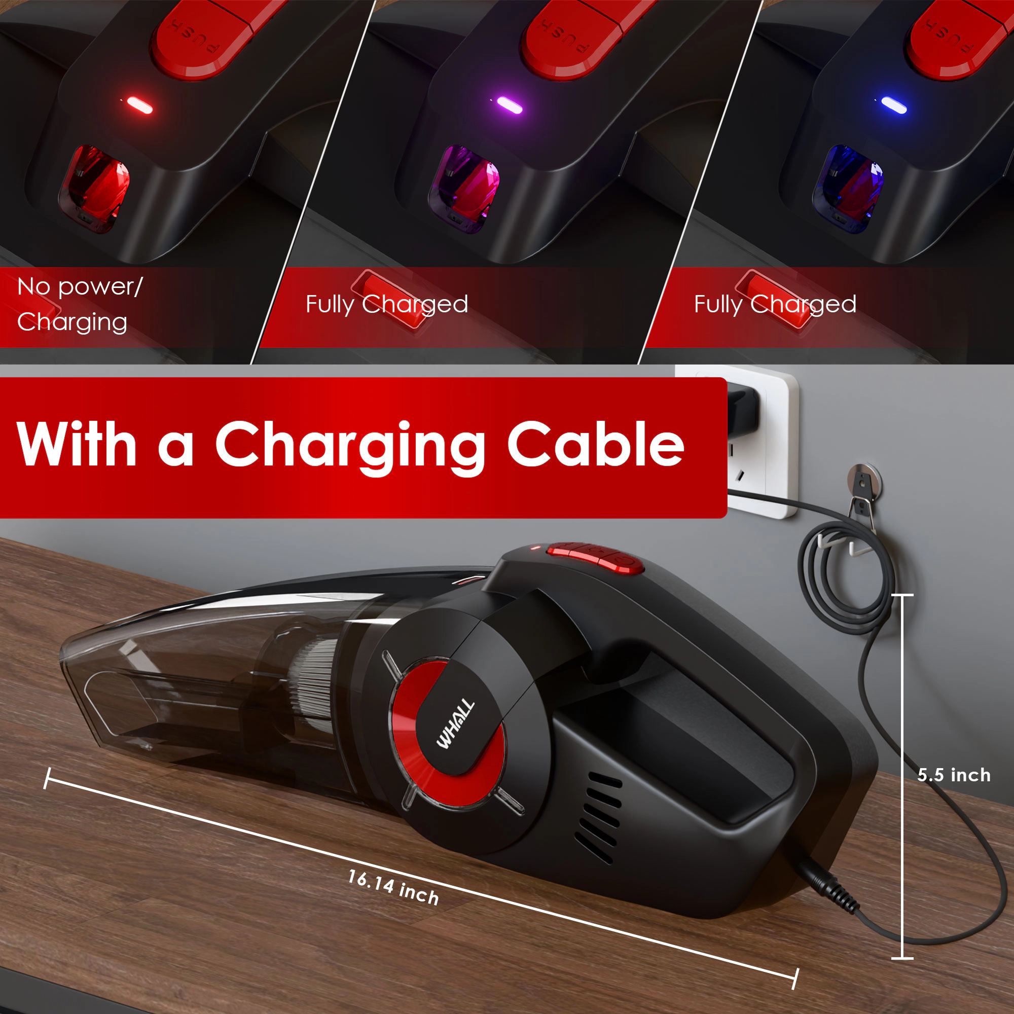 WHALL - Cordless Handheld Car Vacuum, 9KPa Strong Suction, Wet/Dry Use, Rechargeable Portable Cleaner with LED Light