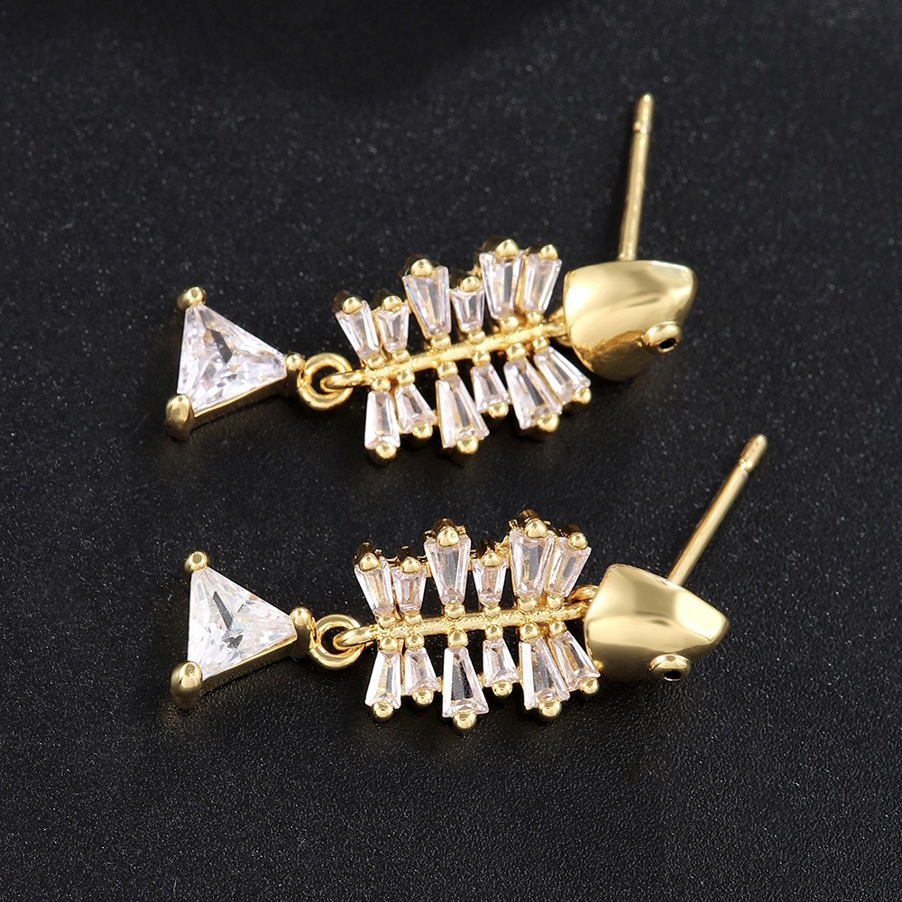 Fish Bone Cubic Zirconia Drop Earring Gold Plated Creative Fish Skeleton Dangle Earring