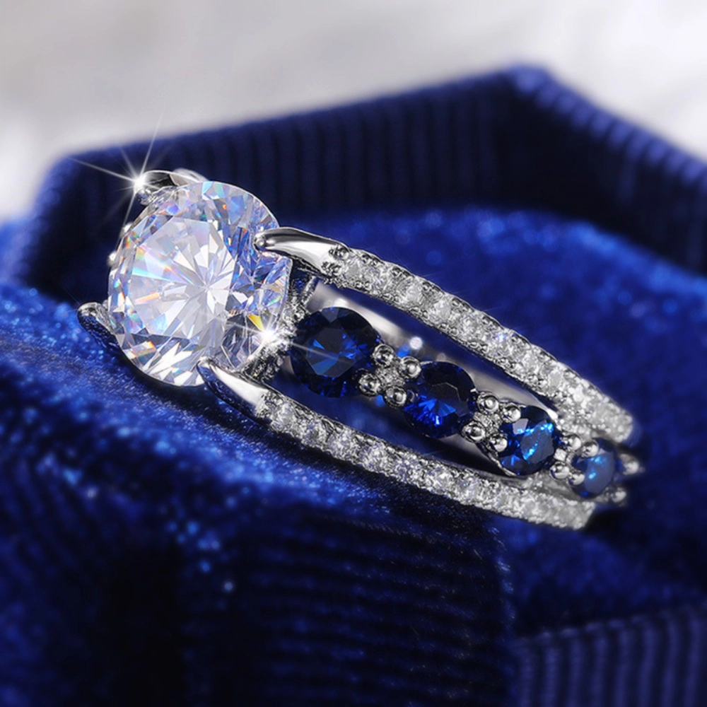 Women Blue White Round CZ Novel Designed Female Party Ring