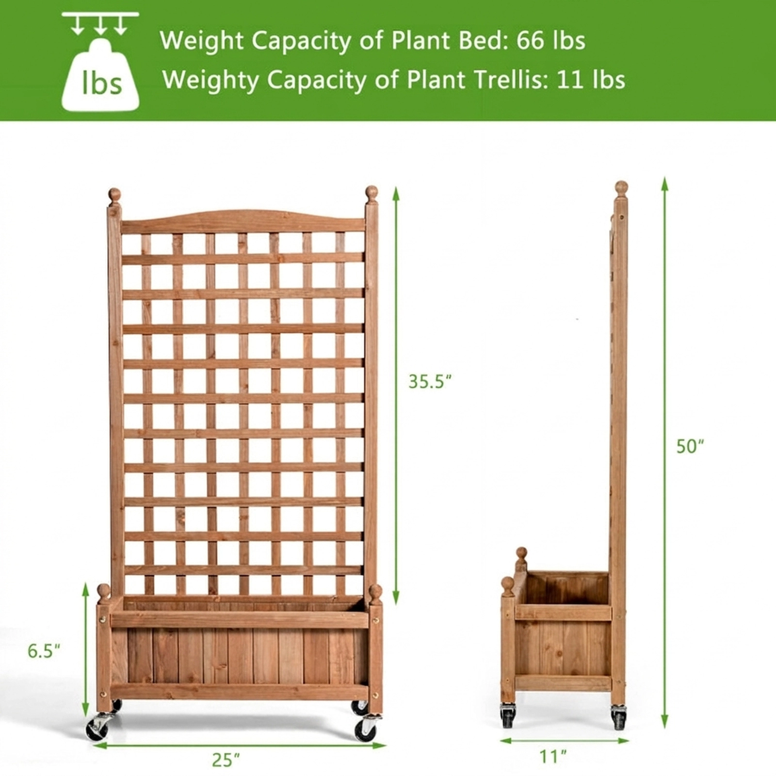 SUGIFT Natural Wood Planter Box with Climbing Trellis and 4 Wheels 25-in W 11-in D 50-in H 66-lb Bed Capacity