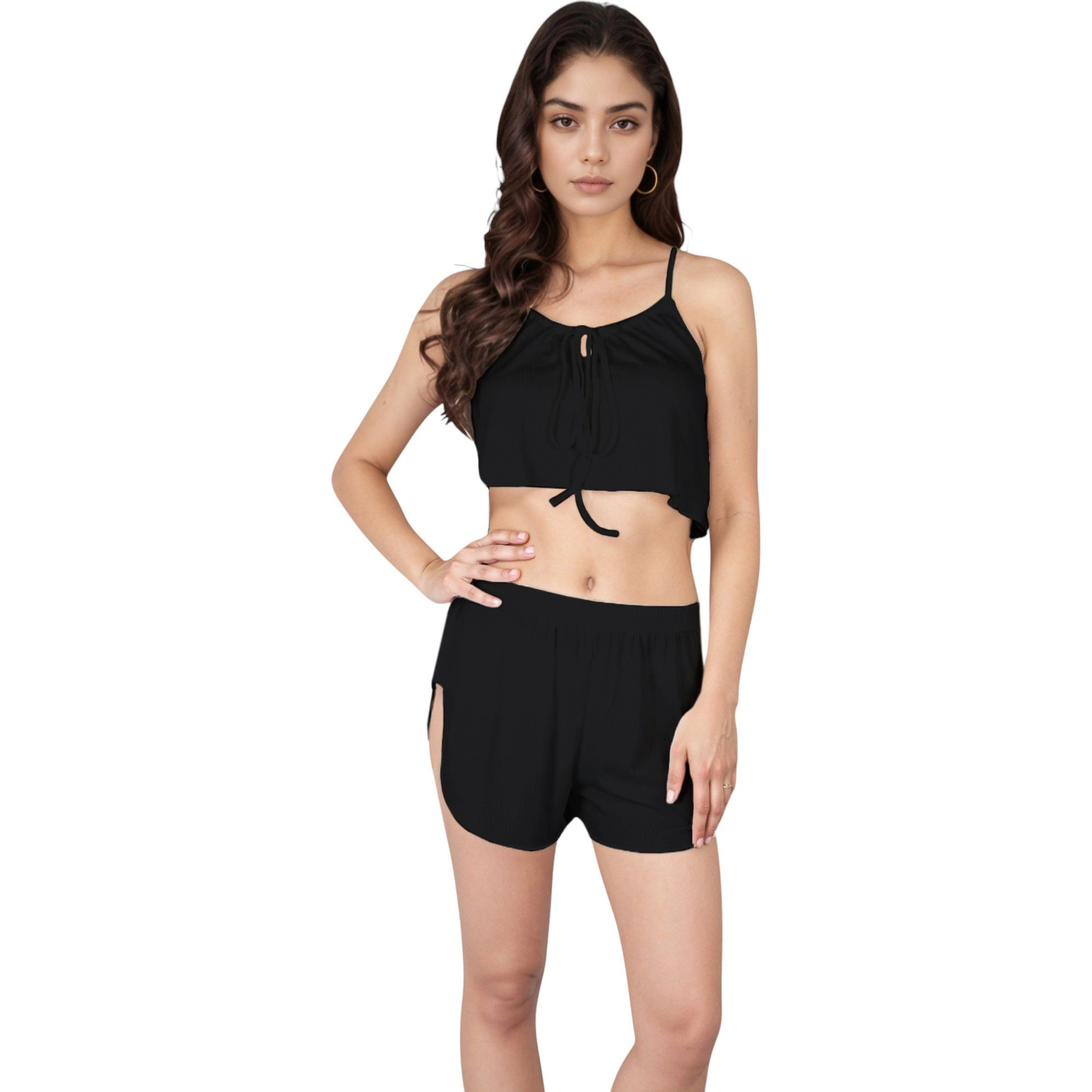 Anna-Kaci Women's Ribbed Knit Crop Top and Shorts Set with Adjustable Tie Front Side Slit Hem