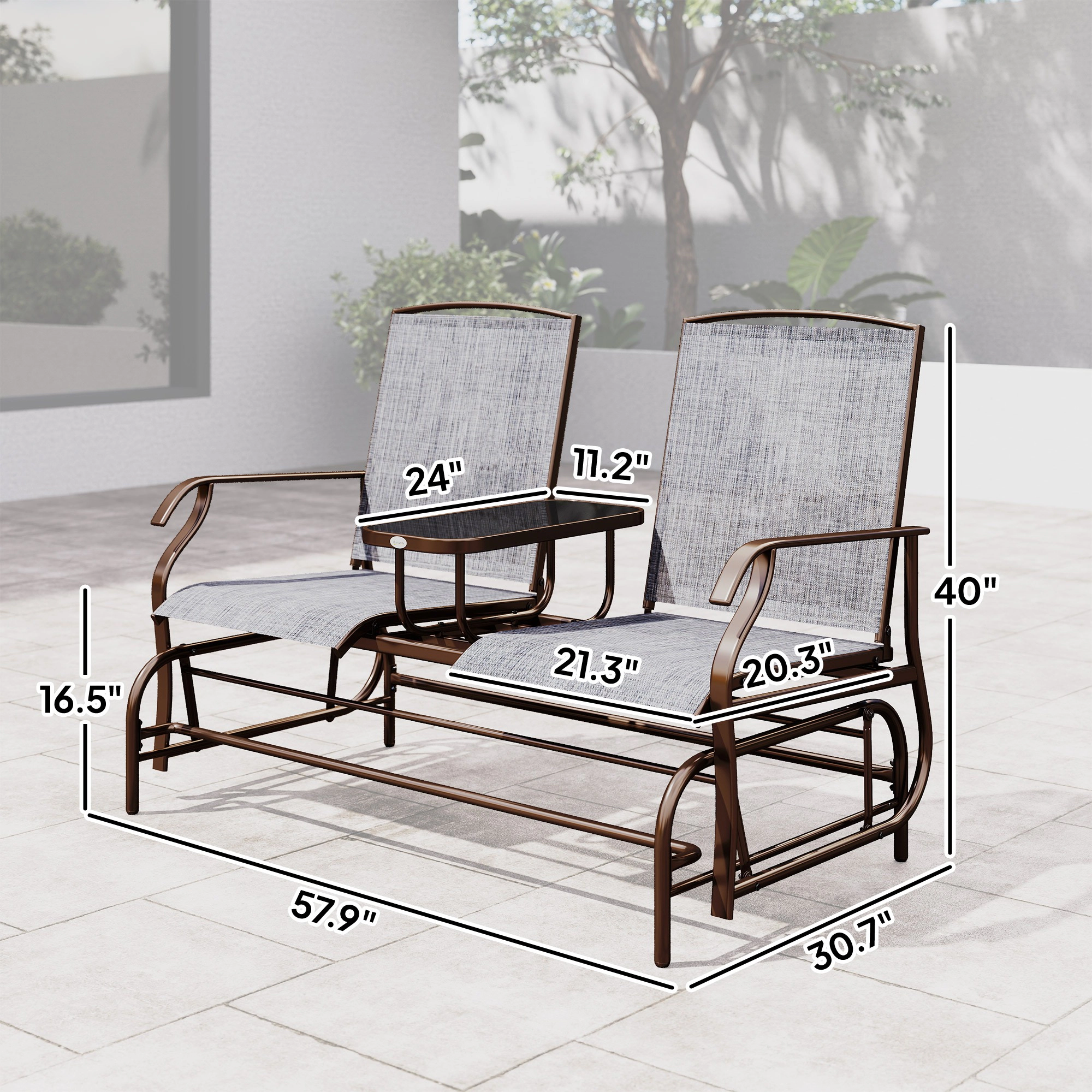 HONGGE Outdoor Glider Bench with Center Table, Metal Frame Patio Loveseat with Breathable Mesh