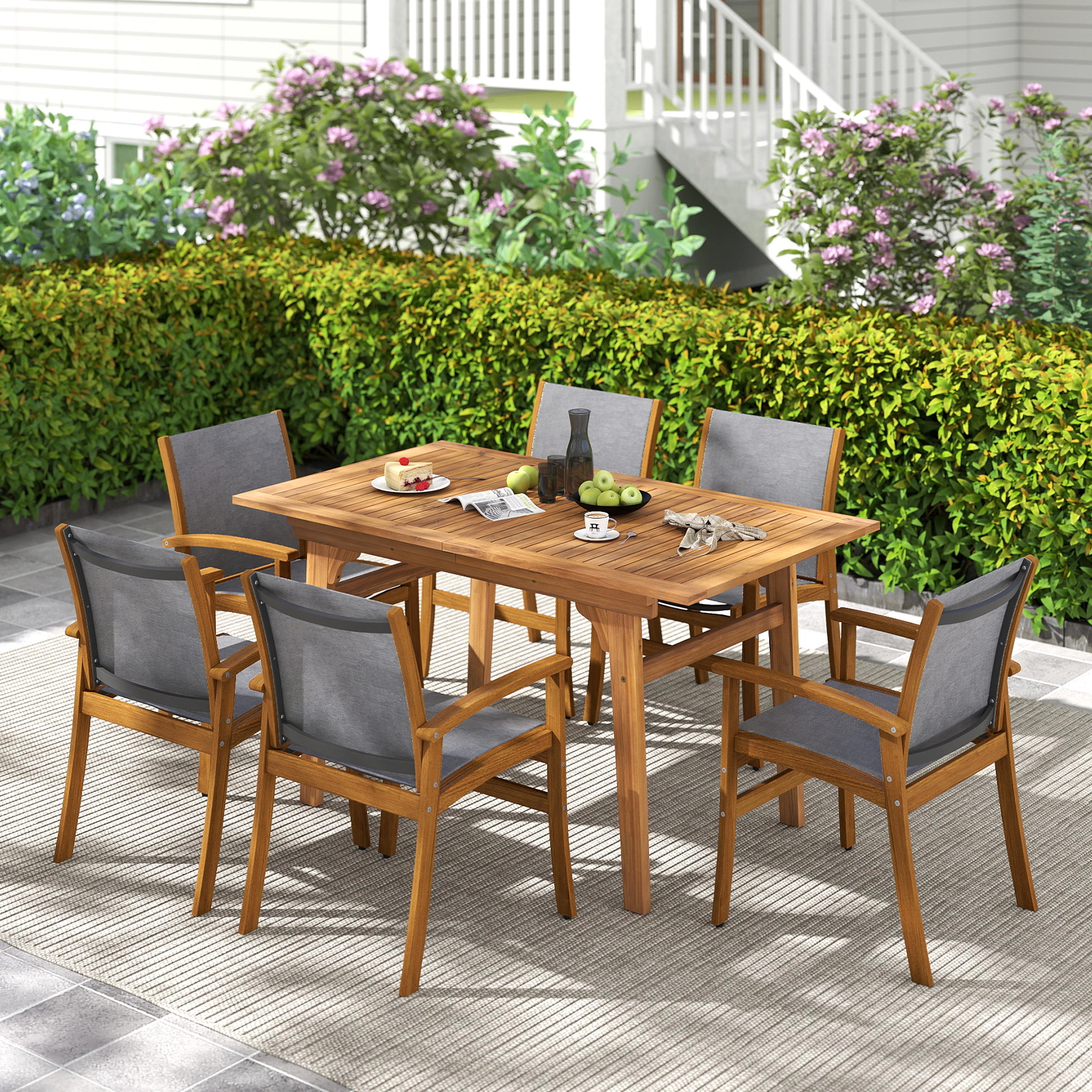 SUGIFT Set of 2 Patio Dining Chairs, Acacia Wood, Sling Fabric, Curved Arms, Natural Gray
