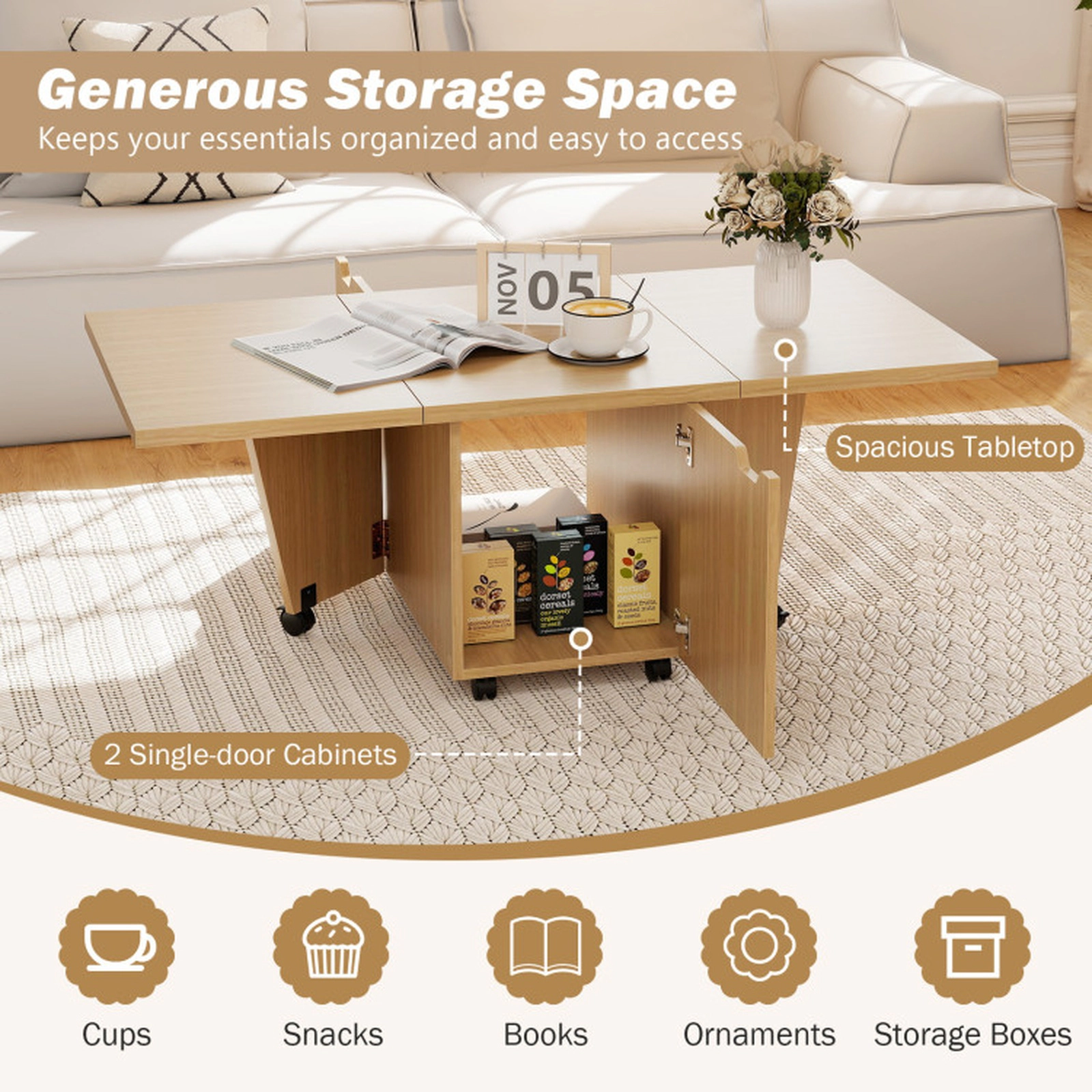 SUGIFT Foldable Coffee Table with 2-Door Storage Cabinet 155-lb Tabletop Capacity 45-lb Cabinet Capacity Oak