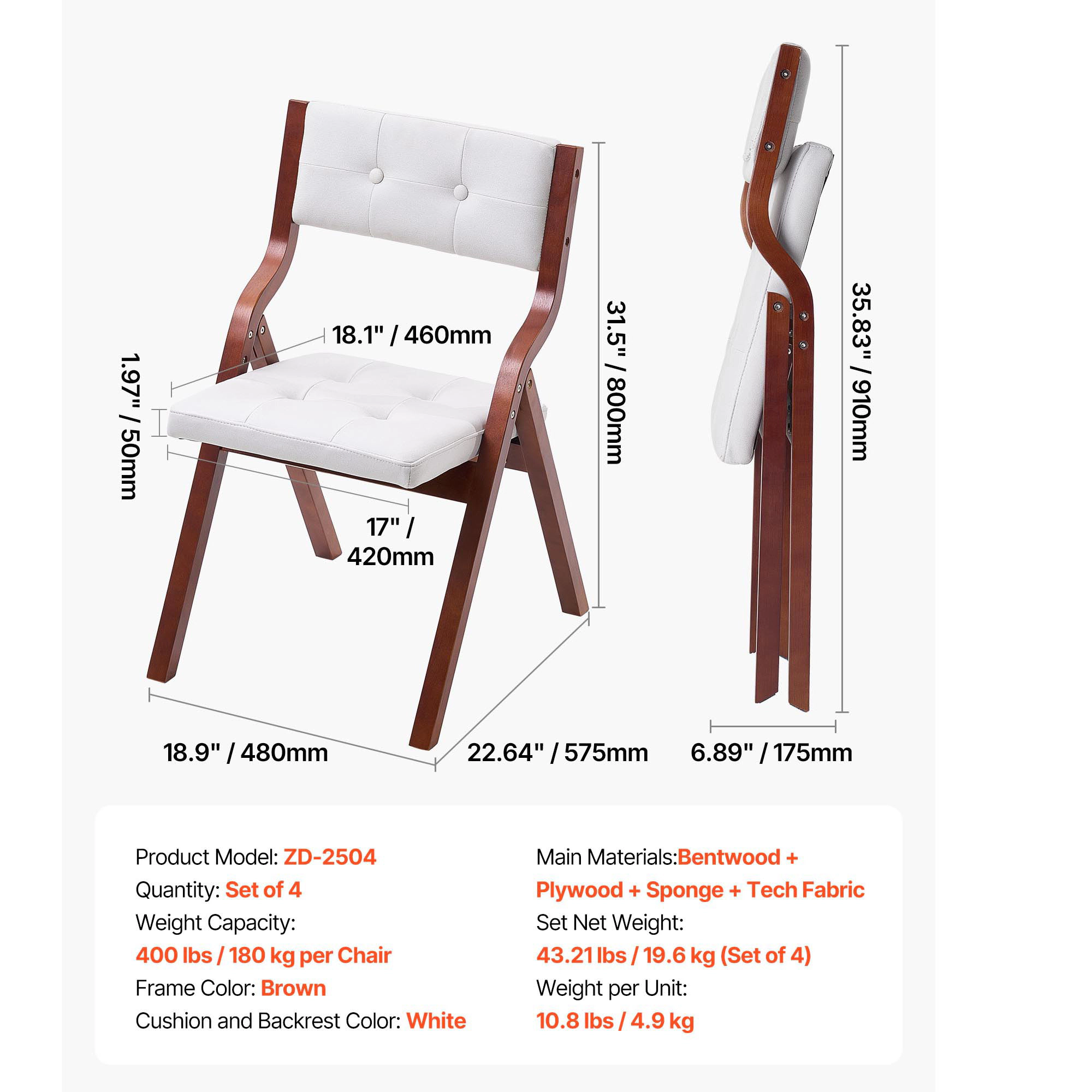 HONGGE Wooden Folding Chairs with Cushion Portable Foldable Cushion Chair with Wooden Frame Modern Padded Dining Chair