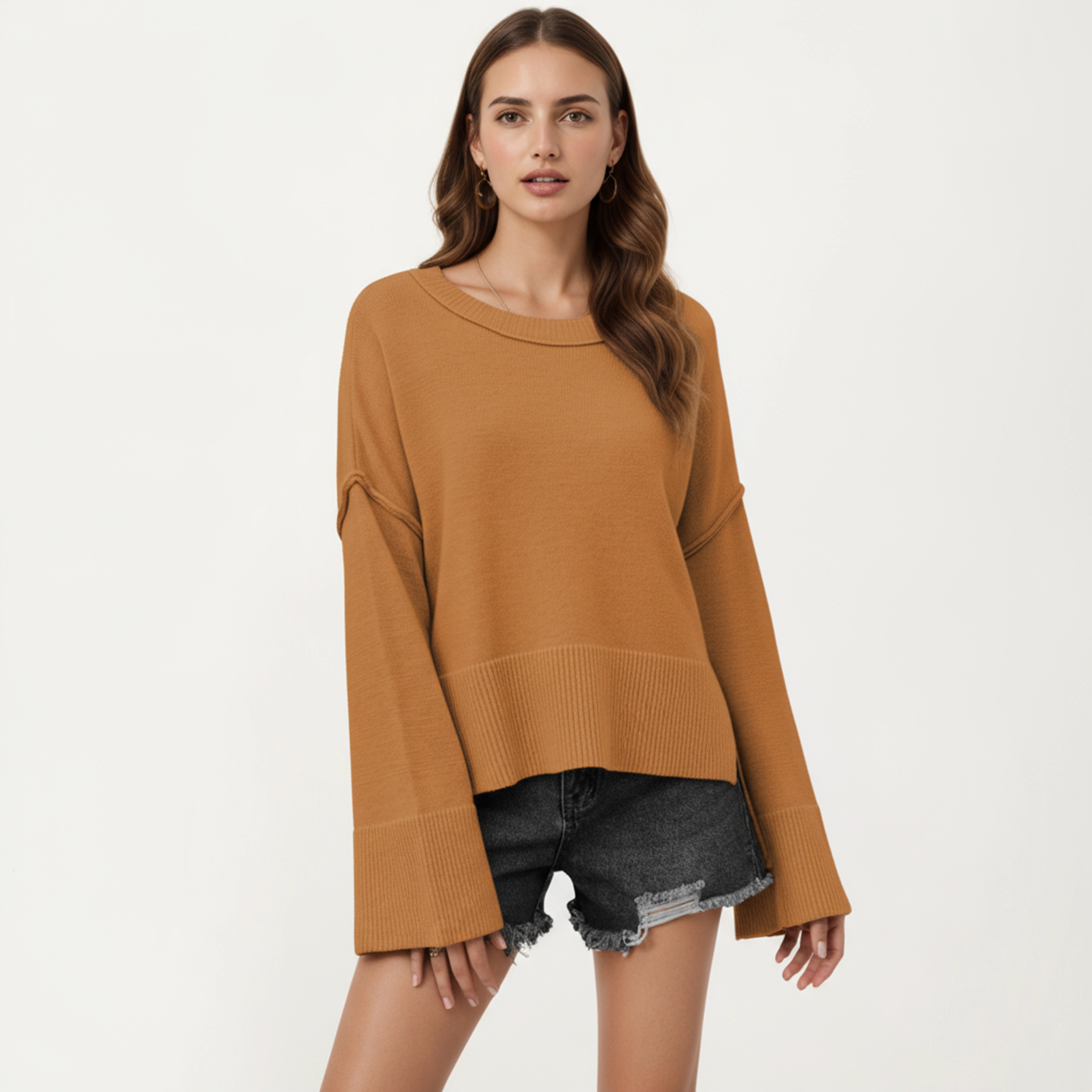 Anna-Kaci Women's Solid Wide Ribbed Hem Relaxed Fit Pullover Sweater