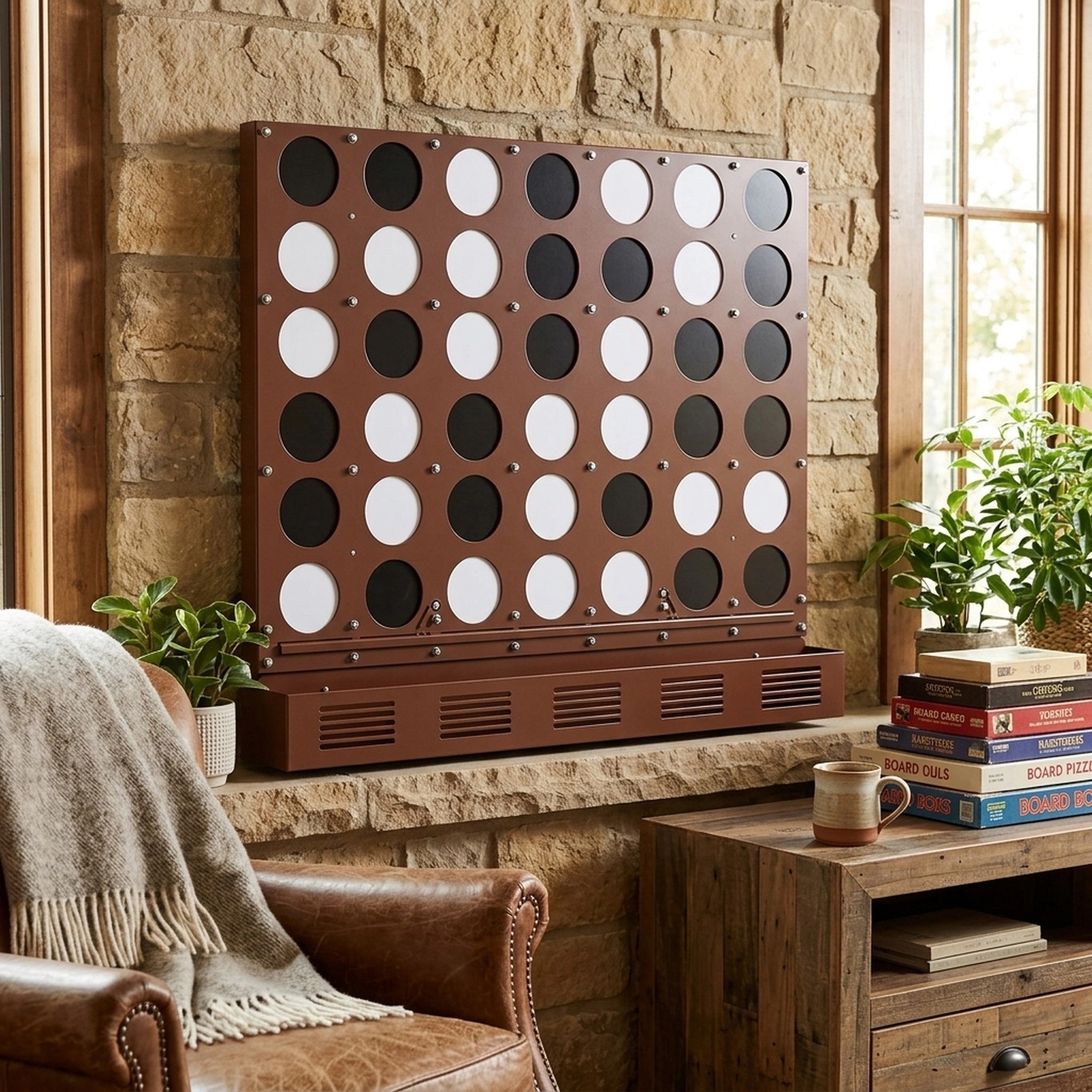 SUGIFT Walnut Wall Mounted Metal Connect 4 Game with Acrylic Discs and Quick Release Reset 28.5-in W 23-in H
