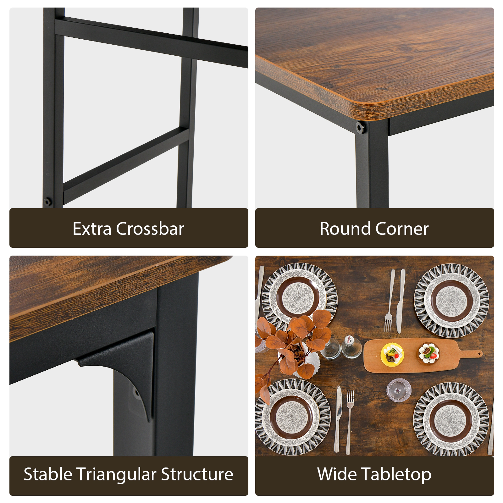 SUGIFT Rustic Brown 2 Chairs Storage Bench and Steel Frame 4-Piece Rustic Dining Table Set