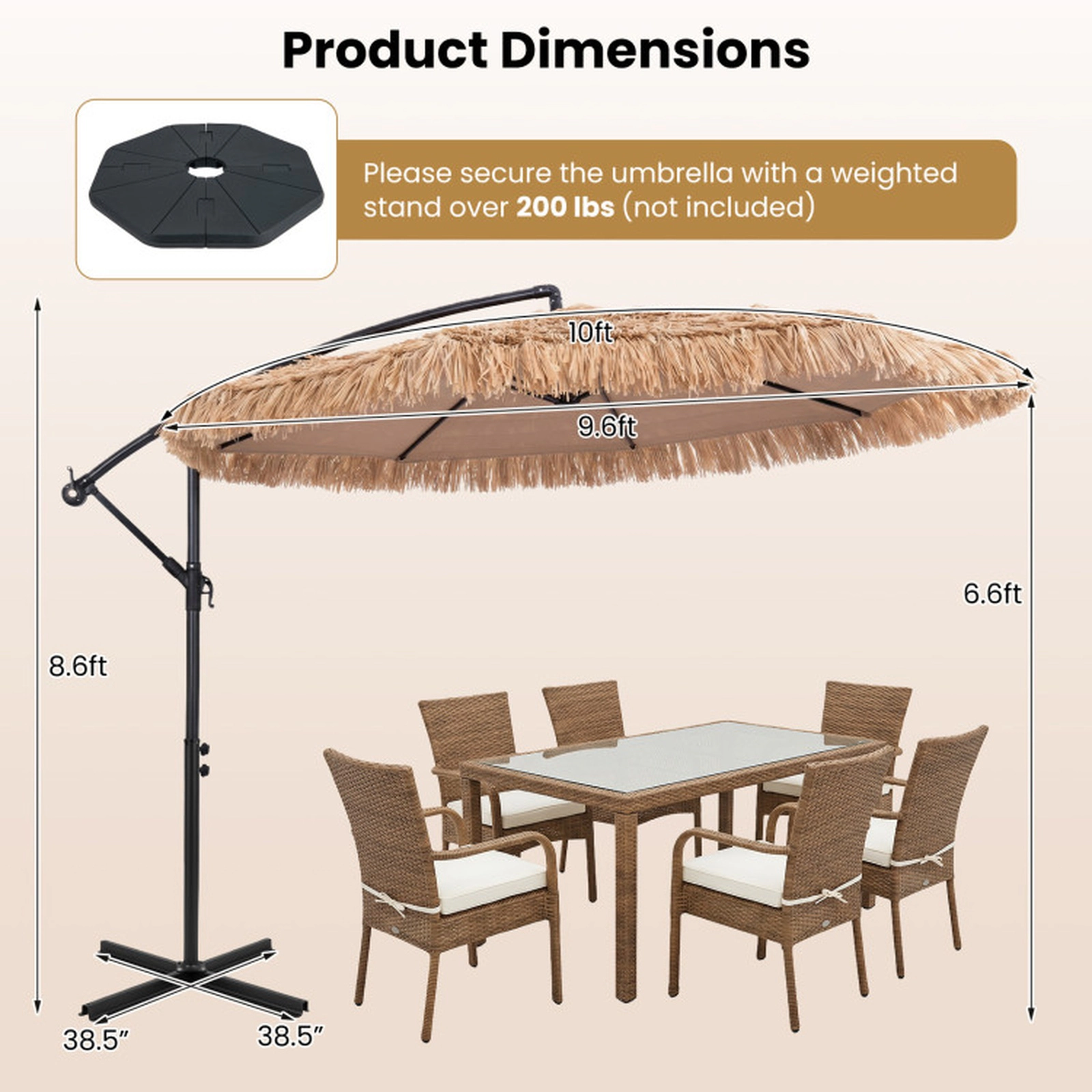 SUGIFT 10-ft Natural Thatched Cantilever Patio Umbrella, Solar Lights, Crank Lift and Infinite Tilt