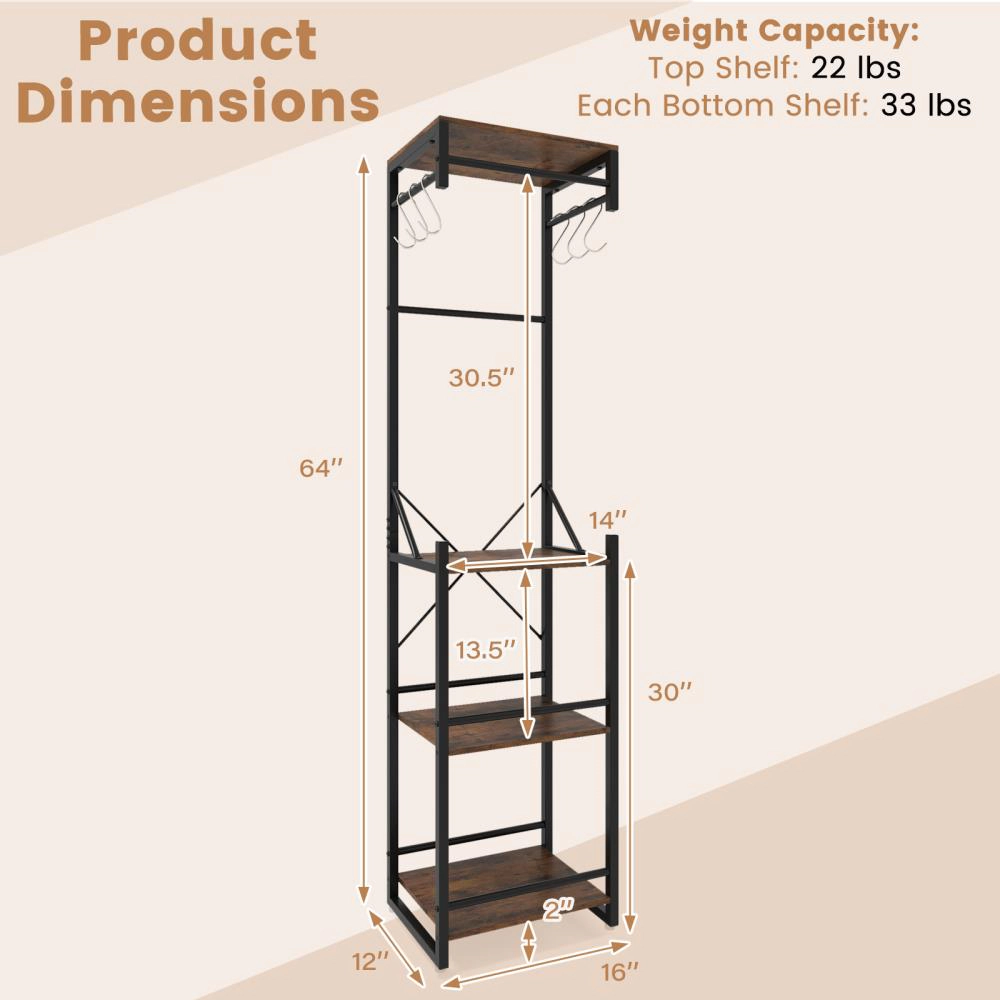 Hivvago Freestanding Coat Rack with 4 Storage Shelves and 6 Hooks