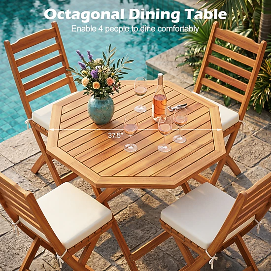 SUGIFT Acacia Wood Seats 4 Octagonal Folding Outdoor Patio Dining Table ...
