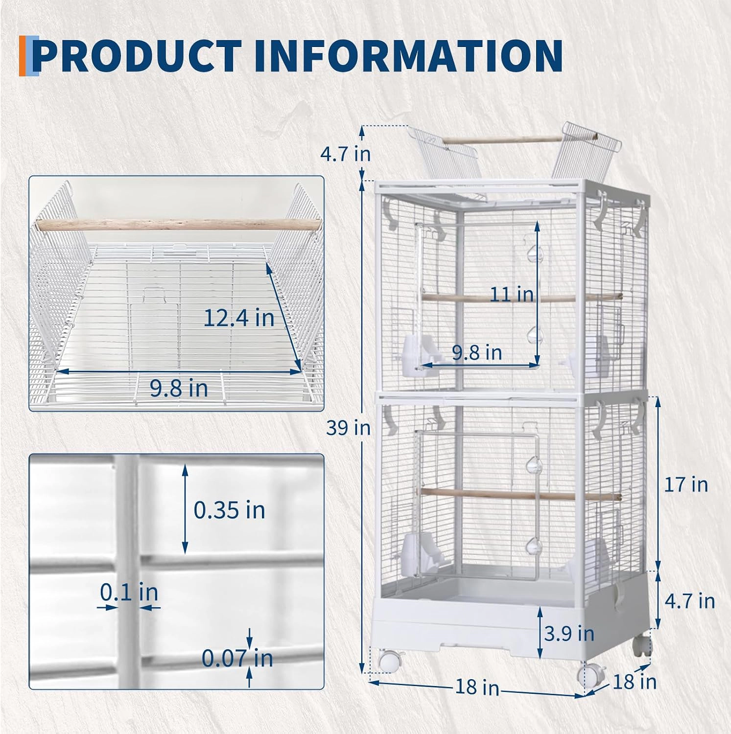 Double-Layer Transparent Bird Cage, Metal-Plastic Rolling Aviary for Small-Medium Pet Birds, White