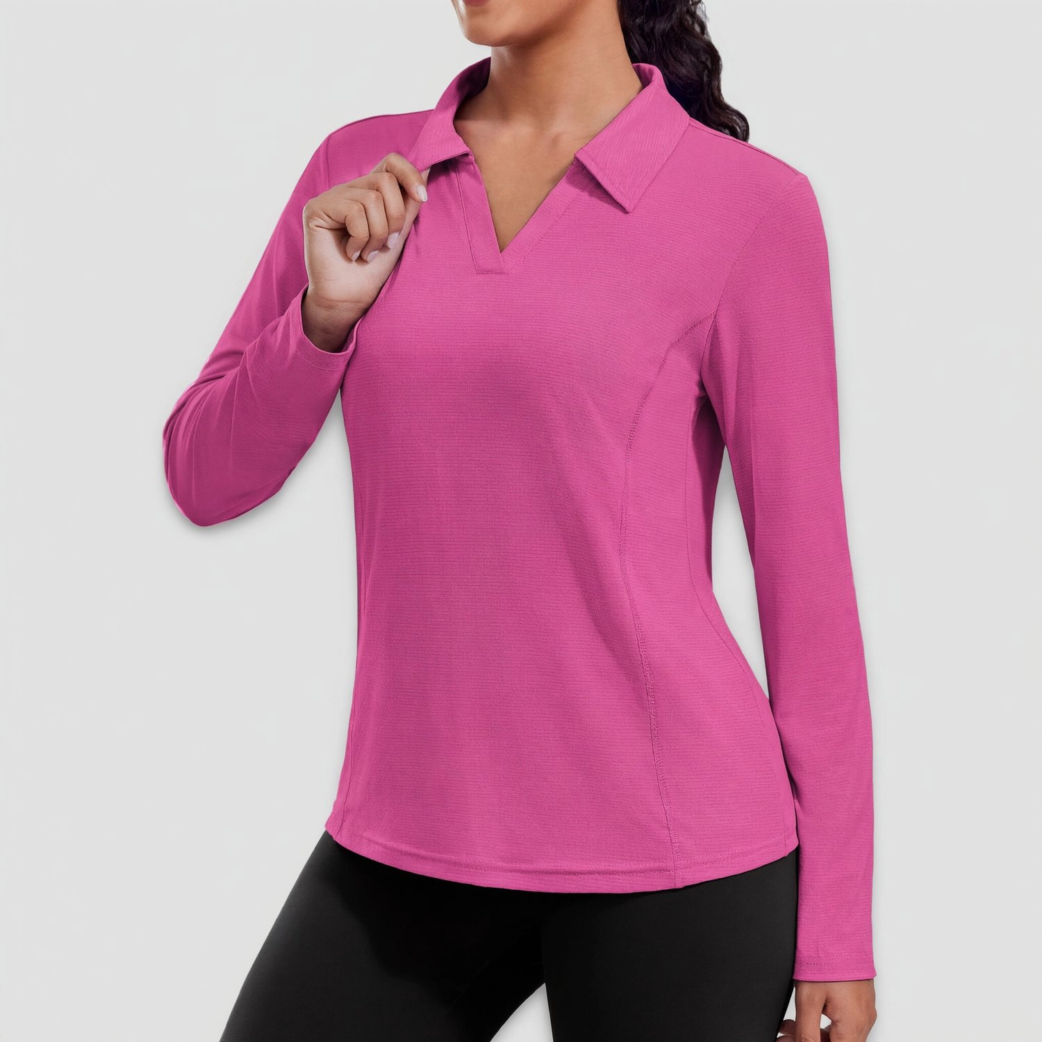 Pinspark Womens Solid Long Sleeve Polo Shirts Fall V Neck Collared Casual Tops