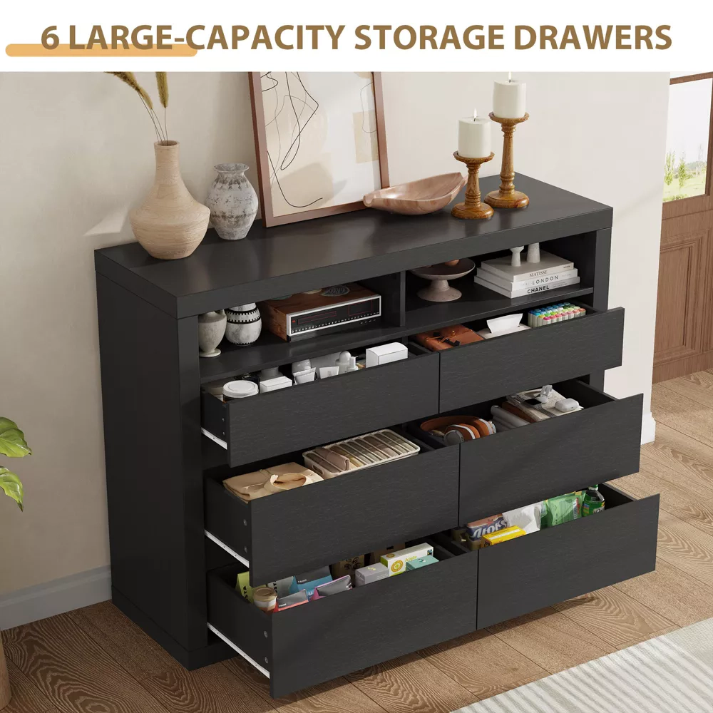 6 Drawer Modern Wooden Dresser with 2 Open Shelves, 47" Wide Handleless Storage Chest for Bedroom