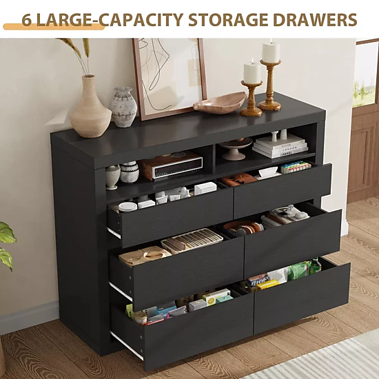 6 Drawer Modern Wooden Dresser with 2 Open Shelves, 47" Wide Handleless Storage Chest for Bedroom