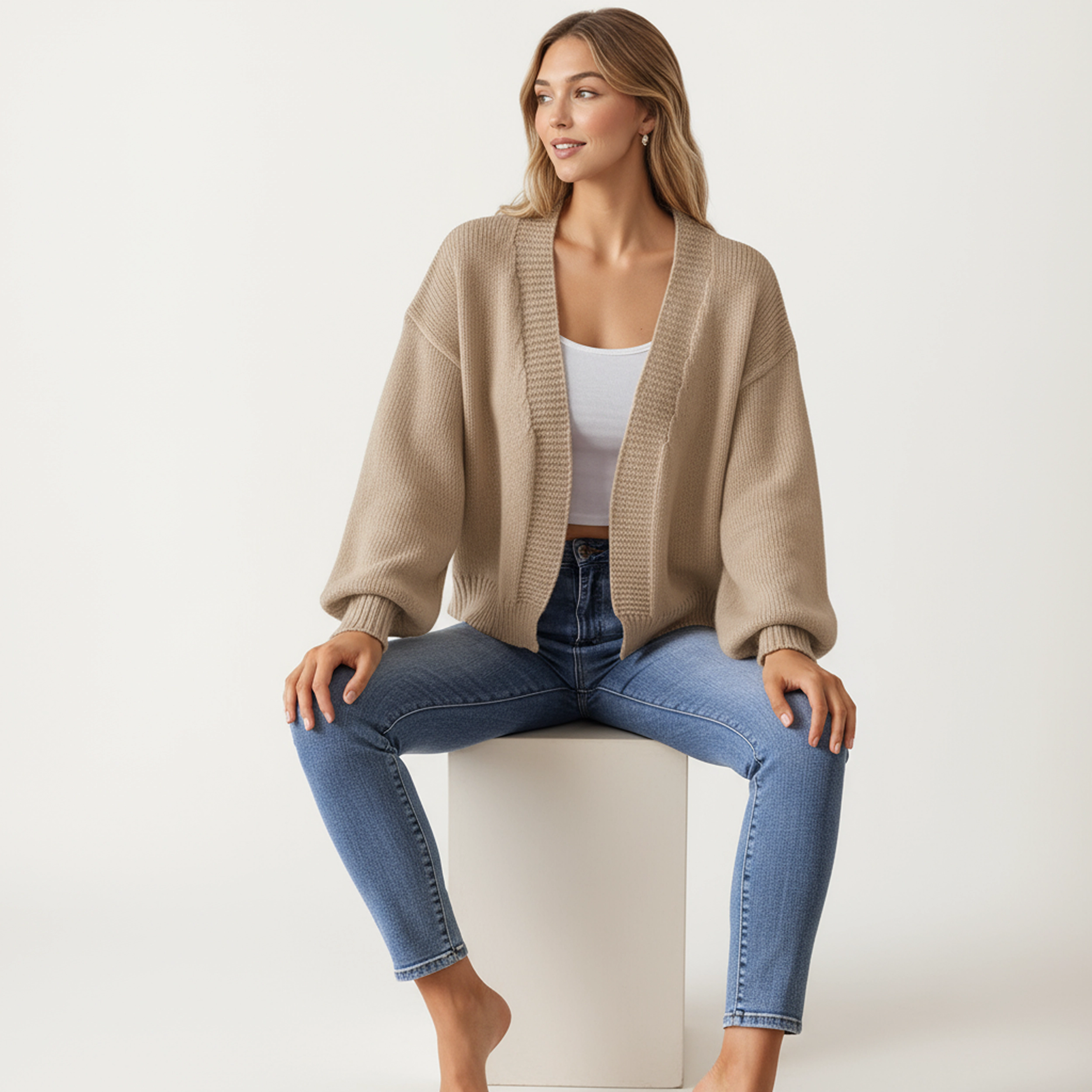 Anna-Kaci Women's Open Front Knit Cardigan with Relaxed Fit and Ribbed Hem