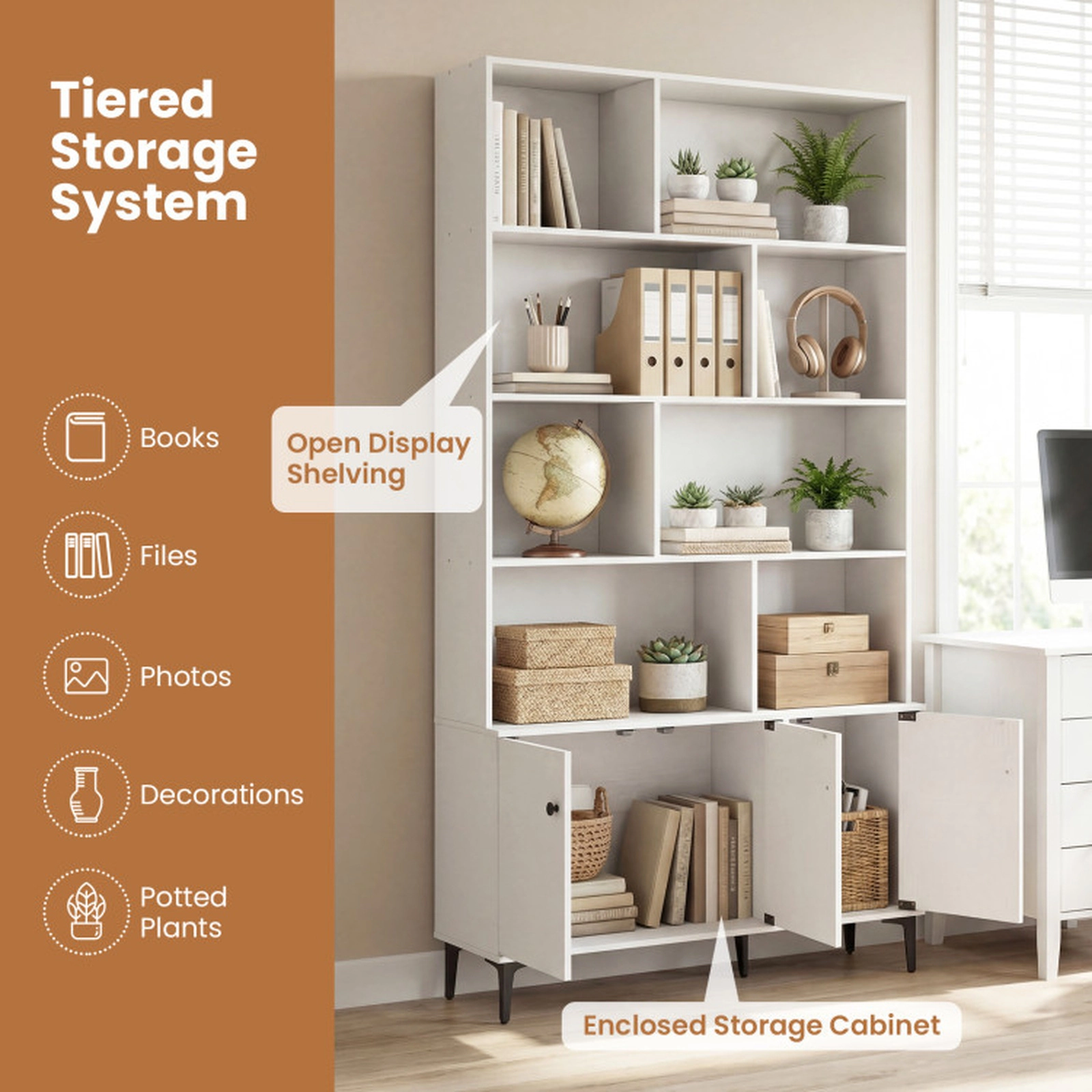 SUGIFT White Bookshelf with 3 Doors and 2 Anti-Tipping Kits for Home Office