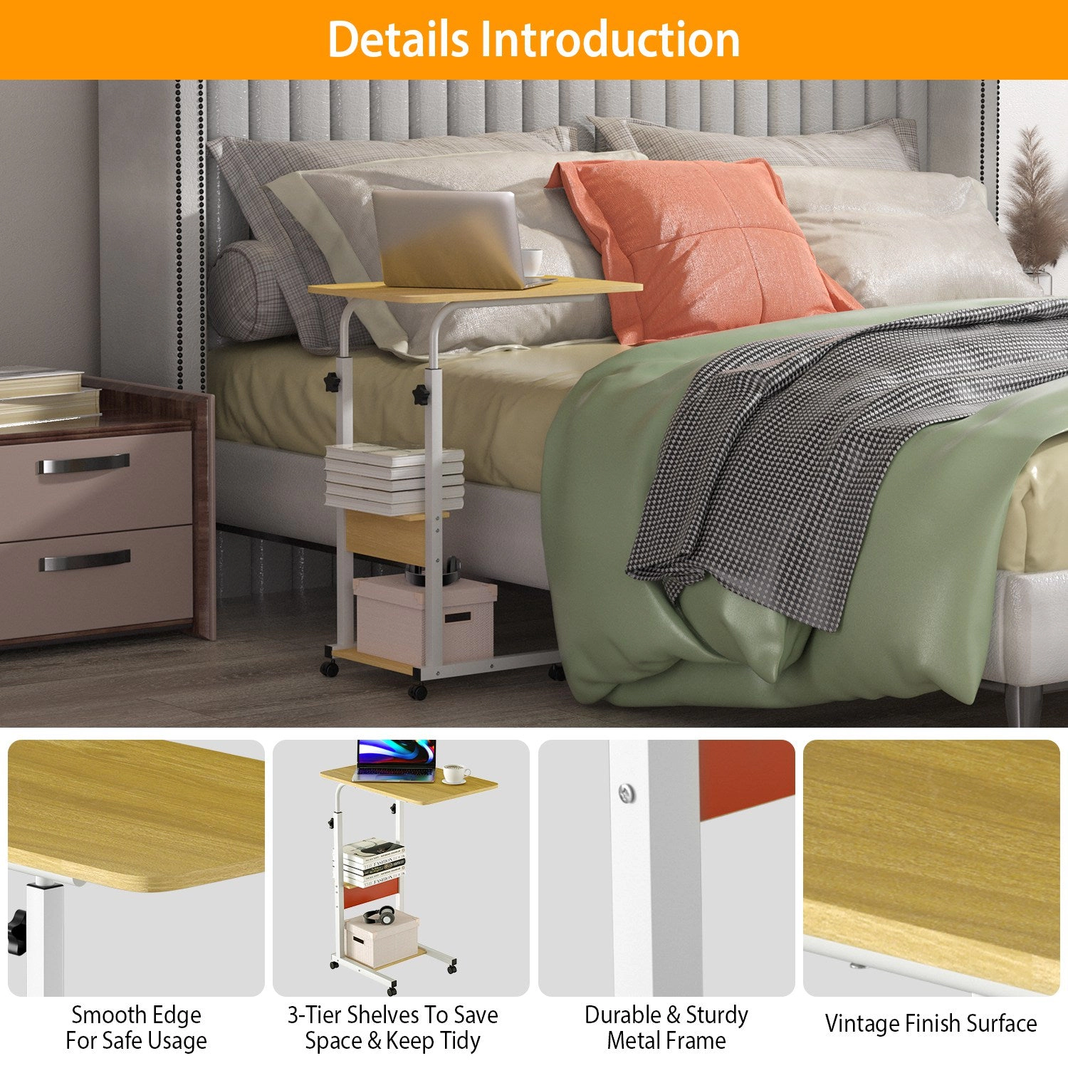 GBruno 3-Tier C-Shaped Side Table With Wheels